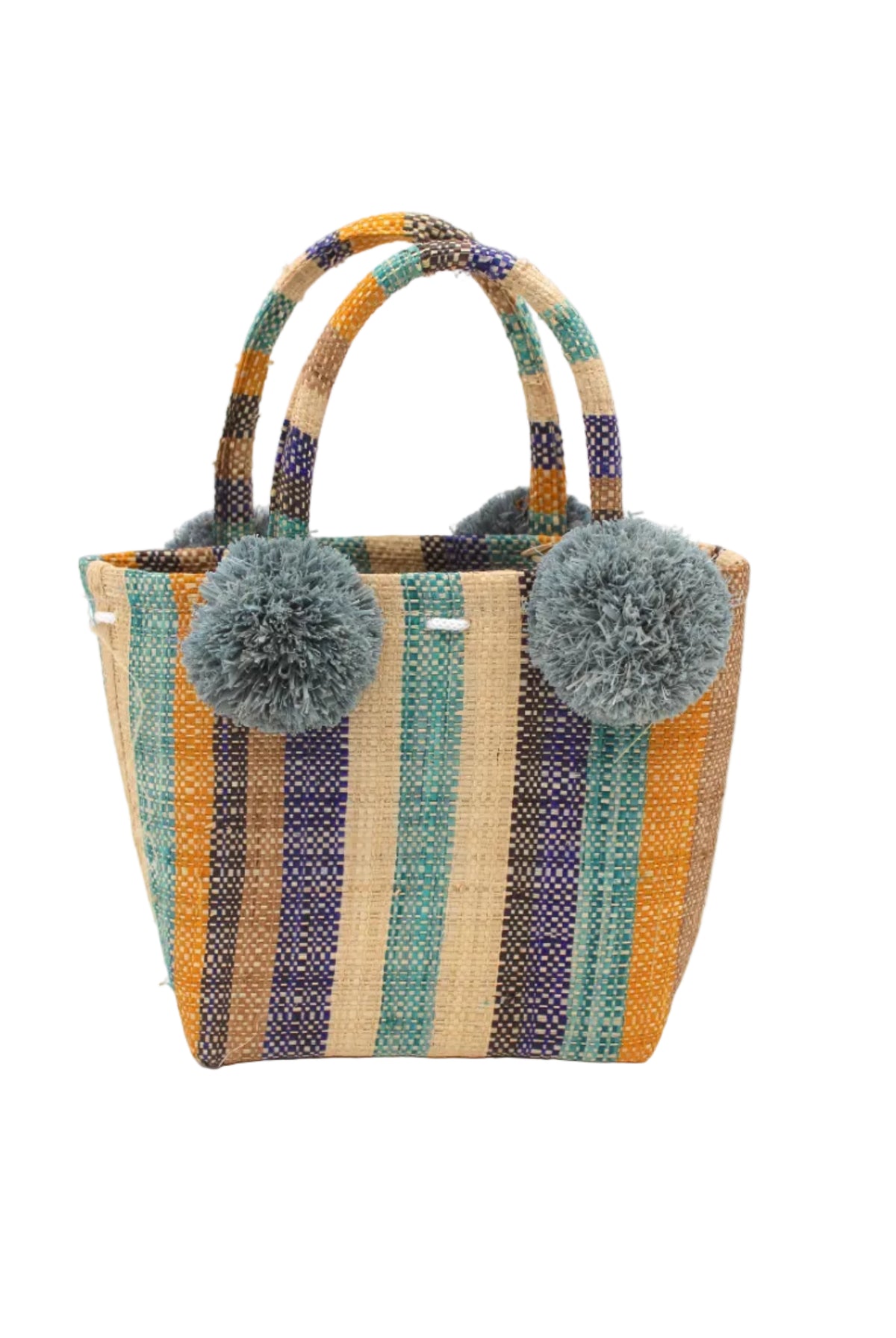 Schooner Olive & Blue Swirl Stripe Straw Mini Bag with Pompom Accent handmade loomed natural raffia palm fiber in multi width vertical multicolor stripe pattern of olive green, denim light/blue, turquoise blue, navy/dark/blue, black, cappuccino light/brown, saffron yellow/orange, and natural straw color with four matching raffia pompom embellishments at the base of each handle attachment tiny purse extra small handbag - Shebobo
