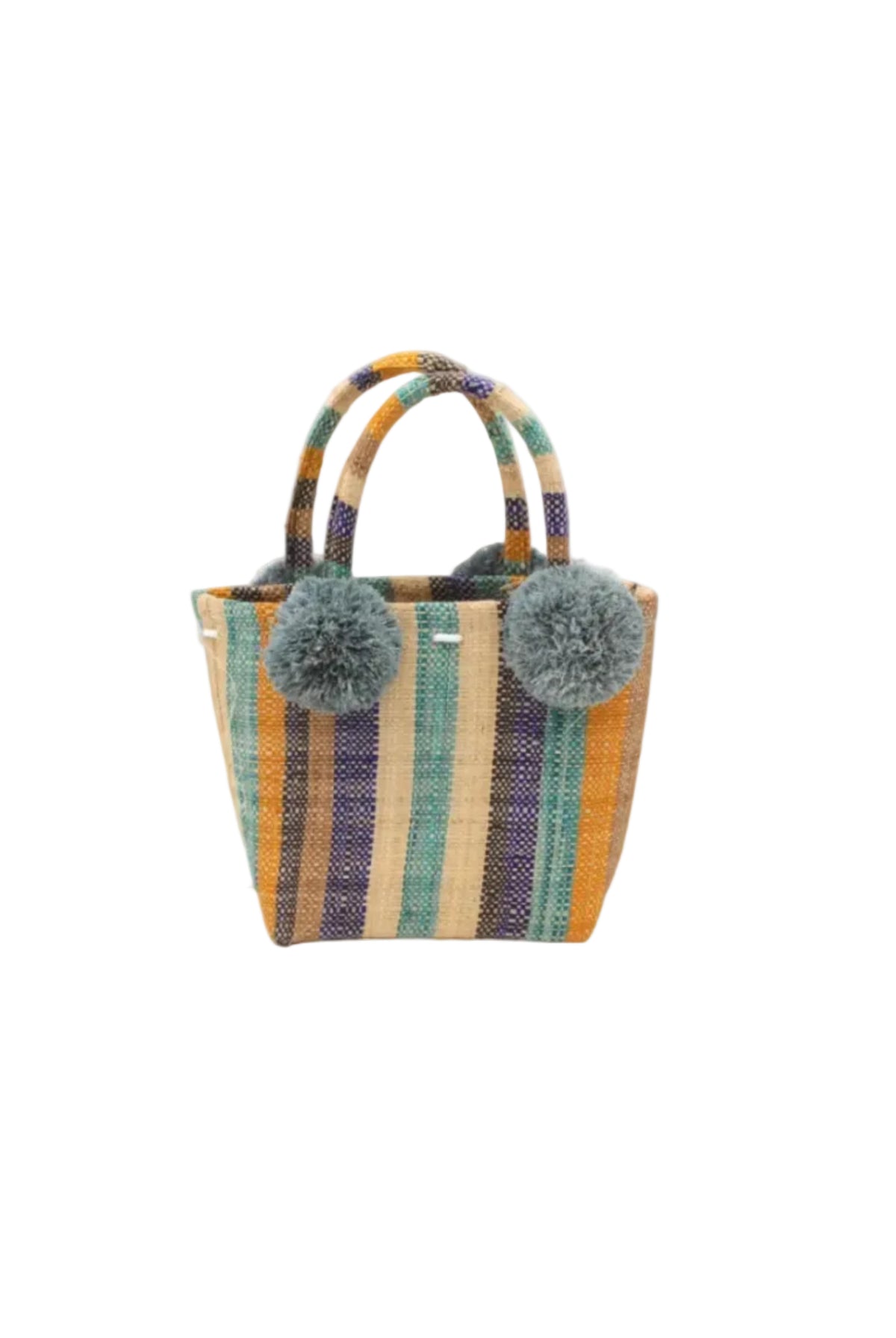 Schooner Olive & Blue Swirl Stripe Straw Mini Bag with Pompom Accent handmade loomed natural raffia palm fiber in multi width vertical multicolor stripe pattern of olive green, denim light/blue, turquoise blue, navy/dark/blue, black, cappuccino light/brown, saffron yellow/orange, and natural straw color with four matching raffia pompom embellishments at the base of each handle attachment tiny purse extra small handbag - Shebobo