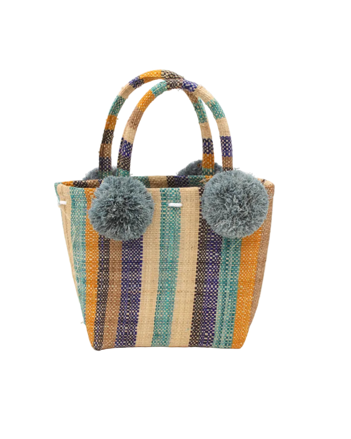 Schooner Olive & Blue Swirl Stripe Straw Mini Bag with Pompom Accent handmade loomed natural raffia palm fiber in multi width vertical multicolor stripe pattern of olive green, denim light/blue, turquoise blue, navy/dark/blue, black, cappuccino light/brown, saffron yellow/orange, and natural straw color with four matching raffia pompom embellishments at the base of each handle attachment tiny purse extra small handbag - Shebobo