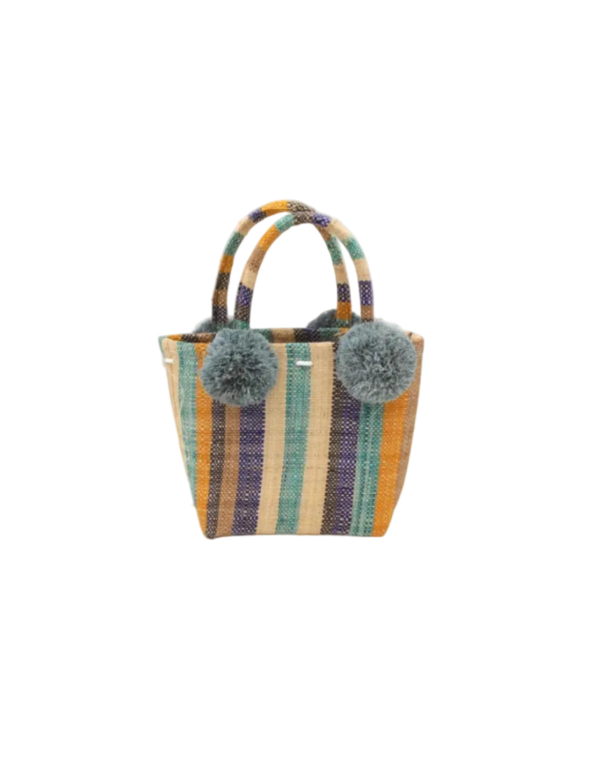 Schooner Olive & Blue Swirl Stripe Straw Mini Bag with Pompom Accent handmade loomed natural raffia palm fiber in multi width vertical multicolor stripe pattern of olive green, denim light/blue, turquoise blue, navy/dark/blue, black, cappuccino light/brown, saffron yellow/orange, and natural straw color with four matching raffia pompom embellishments at the base of each handle attachment tiny purse extra small handbag - Shebobo
