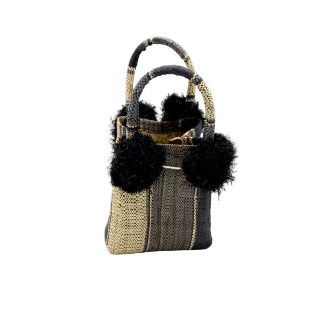 Schooner Black Swirl Straw Mini Bag with Pompom Accent handmade loomed natural raffia palm fiber in multi width vertical multicolor stripe pattern of black, grey, and natural straw color with four matching raffia pompom embellishments at the base of each handle attachment tiny purse extra small handbag - Shebobo