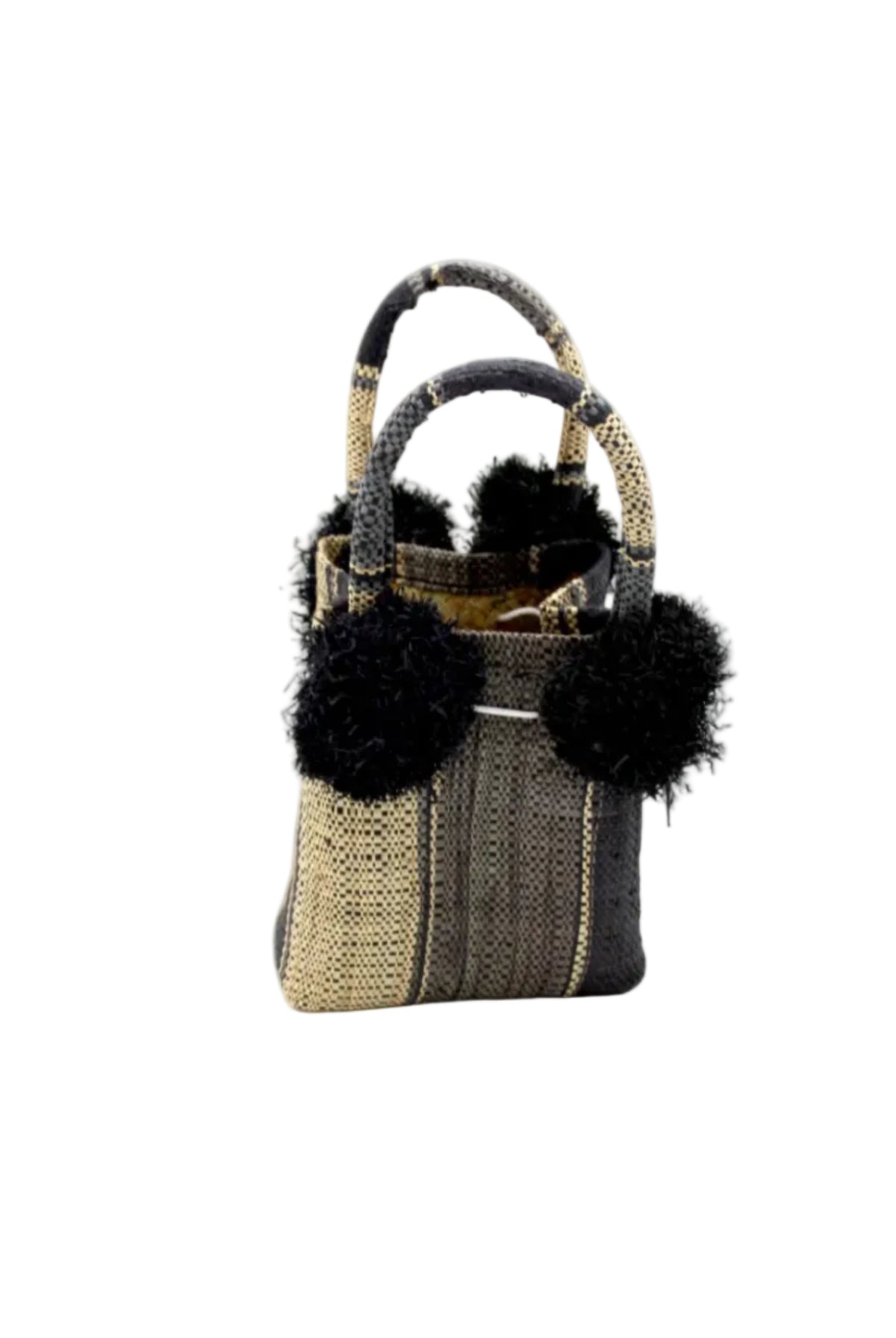 Schooner Black Swirl Straw Mini Bag with Pompom Accent handmade loomed natural raffia palm fiber in multi width vertical multicolor stripe pattern of black, grey, and natural straw color with four matching raffia pompom embellishments at the base of each handle attachment tiny purse extra small handbag - Shebobo