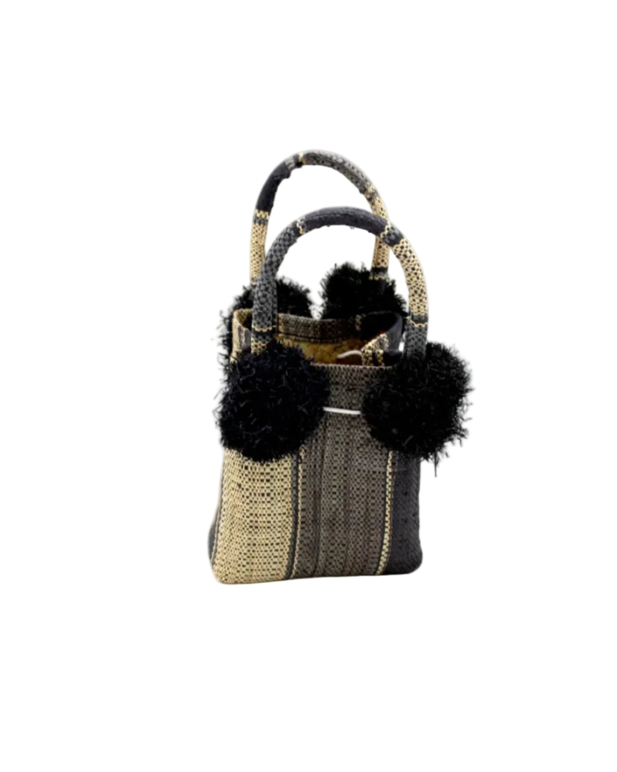 Schooner Black Swirl Straw Mini Bag with Pompom Accent handmade loomed natural raffia palm fiber in multi width vertical multicolor stripe pattern of black, grey, and natural straw color with four matching raffia pompom embellishments at the base of each handle attachment tiny purse extra small handbag - Shebobo