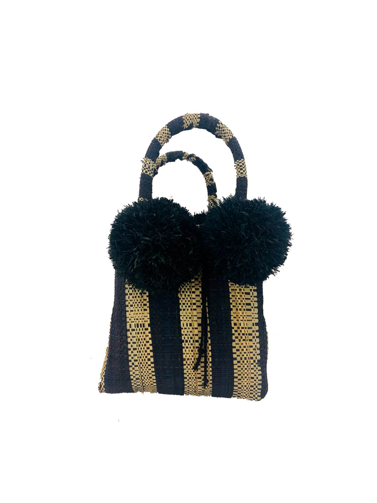 Schooner Black Stripe Straw Mini Bag with Pompom Accent handmade loomed natural raffia palm fiber  in two tones of black and natural straw color vertical stripe pattern with four black raffia pompom embellishments at the base of each handle attachment tiny purse extra small handbag - Shebobo