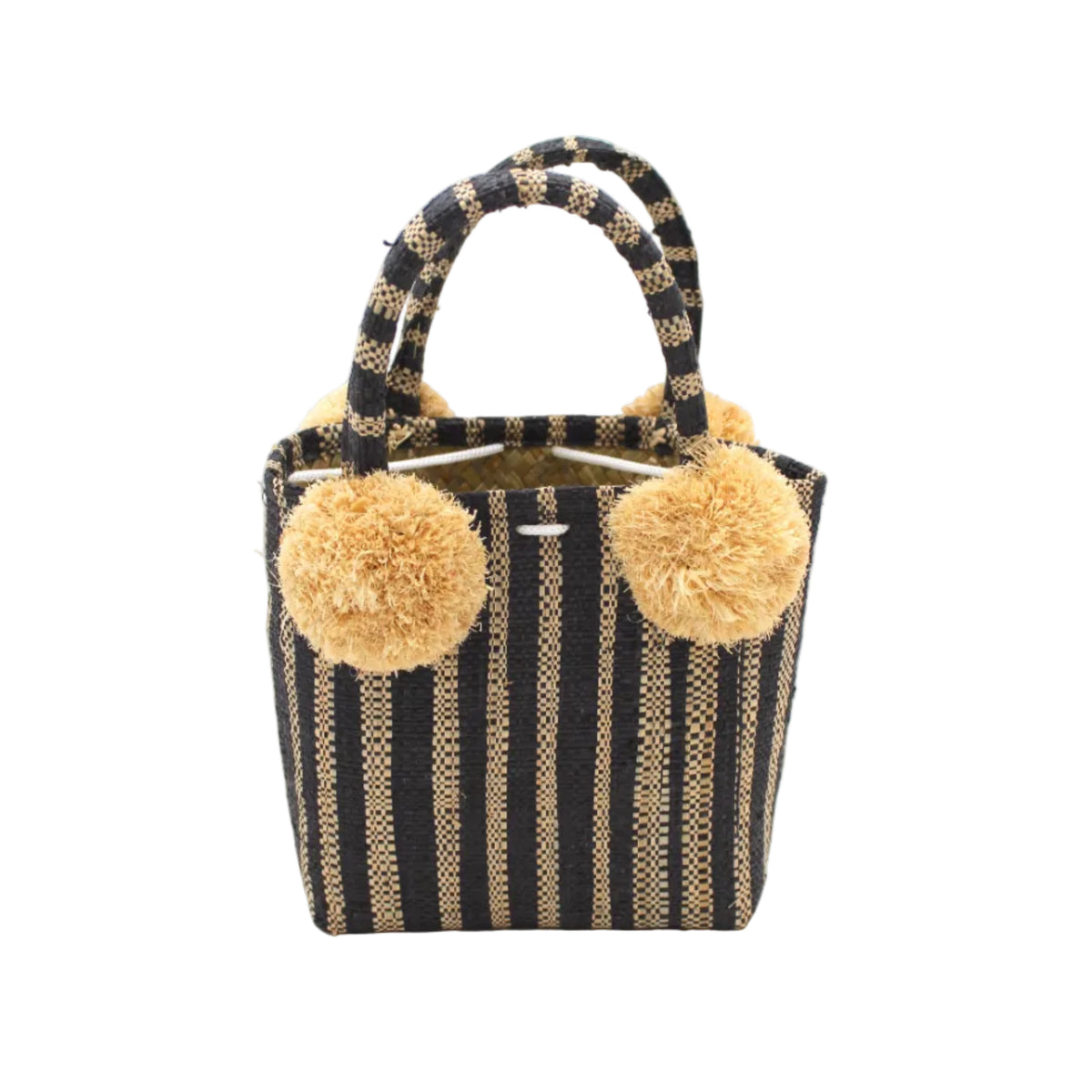 Schooner Black Stripe Straw Mini Bag with Pompom Accent handmade loomed natural raffia palm fiber in two tones of black and natural straw color vertical stripe pattern with four matching raffia pompom embellishments at the base of each handle attachment tiny purse extra small handbag - Shebobo