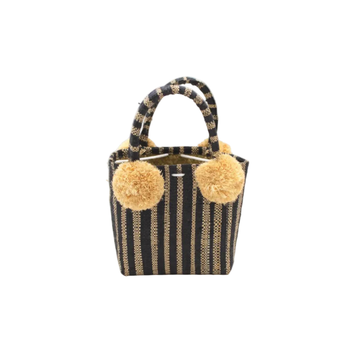 Schooner Black Stripe Straw Mini Bag with Pompom Accent handmade loomed natural raffia palm fiber in two tones of black and natural straw color vertical stripe pattern with four matching raffia pompom embellishments at the base of each handle attachment tiny purse extra small handbag - Shebobo