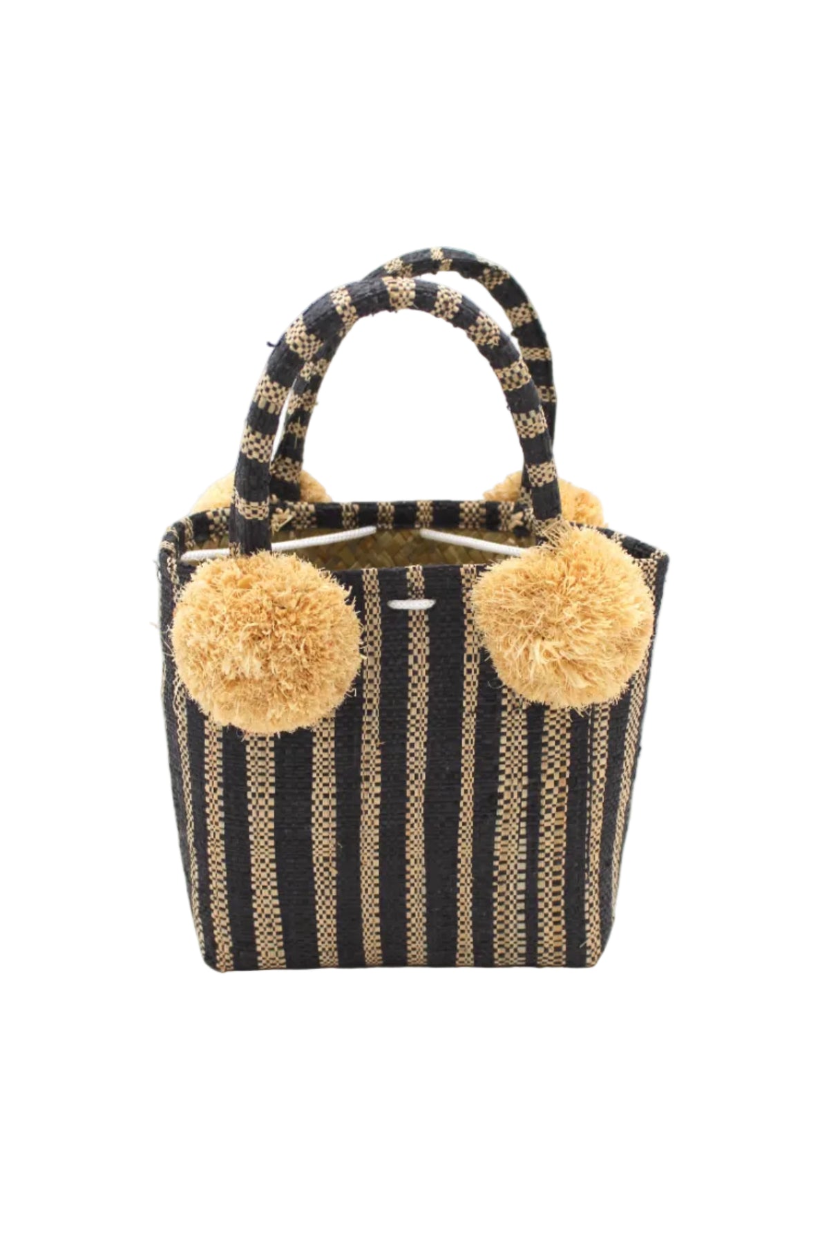 Schooner Black Stripe Straw Mini Bag with Pompom Accent handmade loomed natural raffia palm fiber in two tones of black and natural straw color vertical stripe pattern with four matching raffia pompom embellishments at the base of each handle attachment tiny purse extra small handbag - Shebobo
