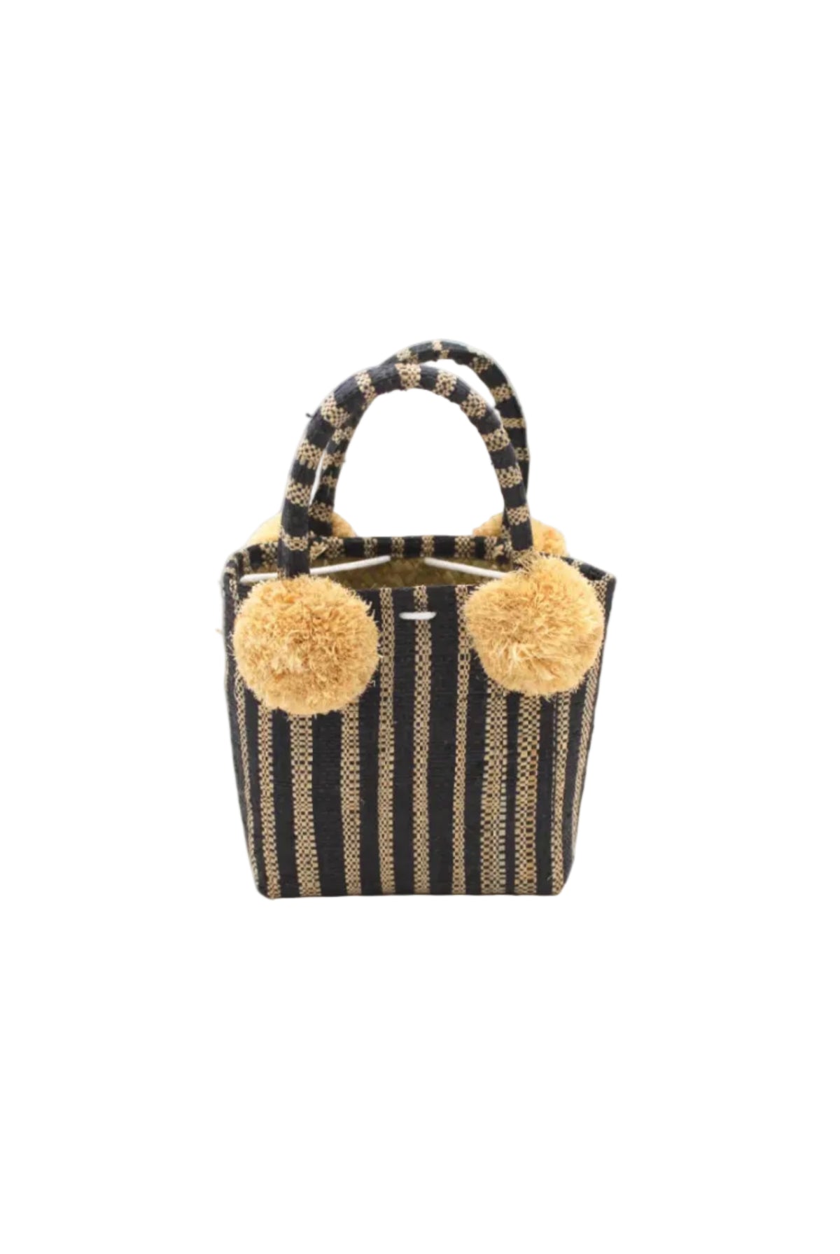 Schooner Black Stripe Straw Mini Bag with Pompom Accent handmade loomed natural raffia palm fiber in two tones of black and natural straw color vertical stripe pattern with four matching raffia pompom embellishments at the base of each handle attachment tiny purse extra small handbag - Shebobo