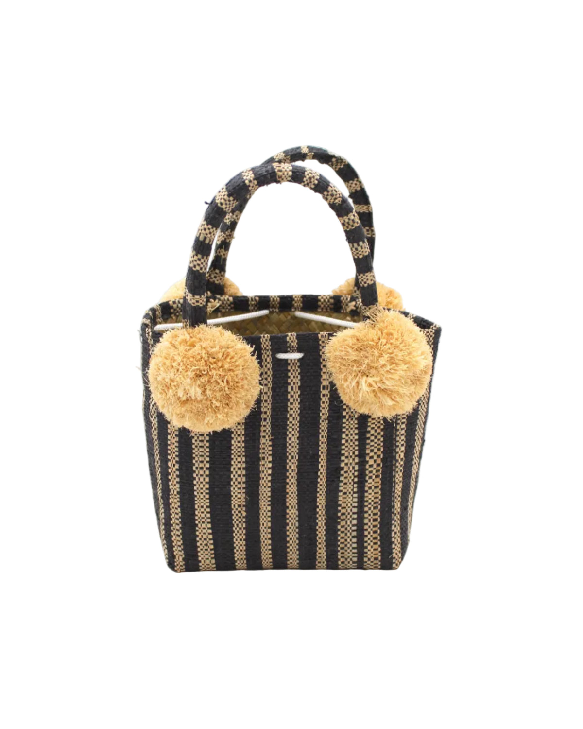 Schooner Black Stripe Straw Mini Bag with Pompom Accent handmade loomed natural raffia palm fiber in two tones of black and natural straw color vertical stripe pattern with four matching raffia pompom embellishments at the base of each handle attachment tiny purse extra small handbag - Shebobo