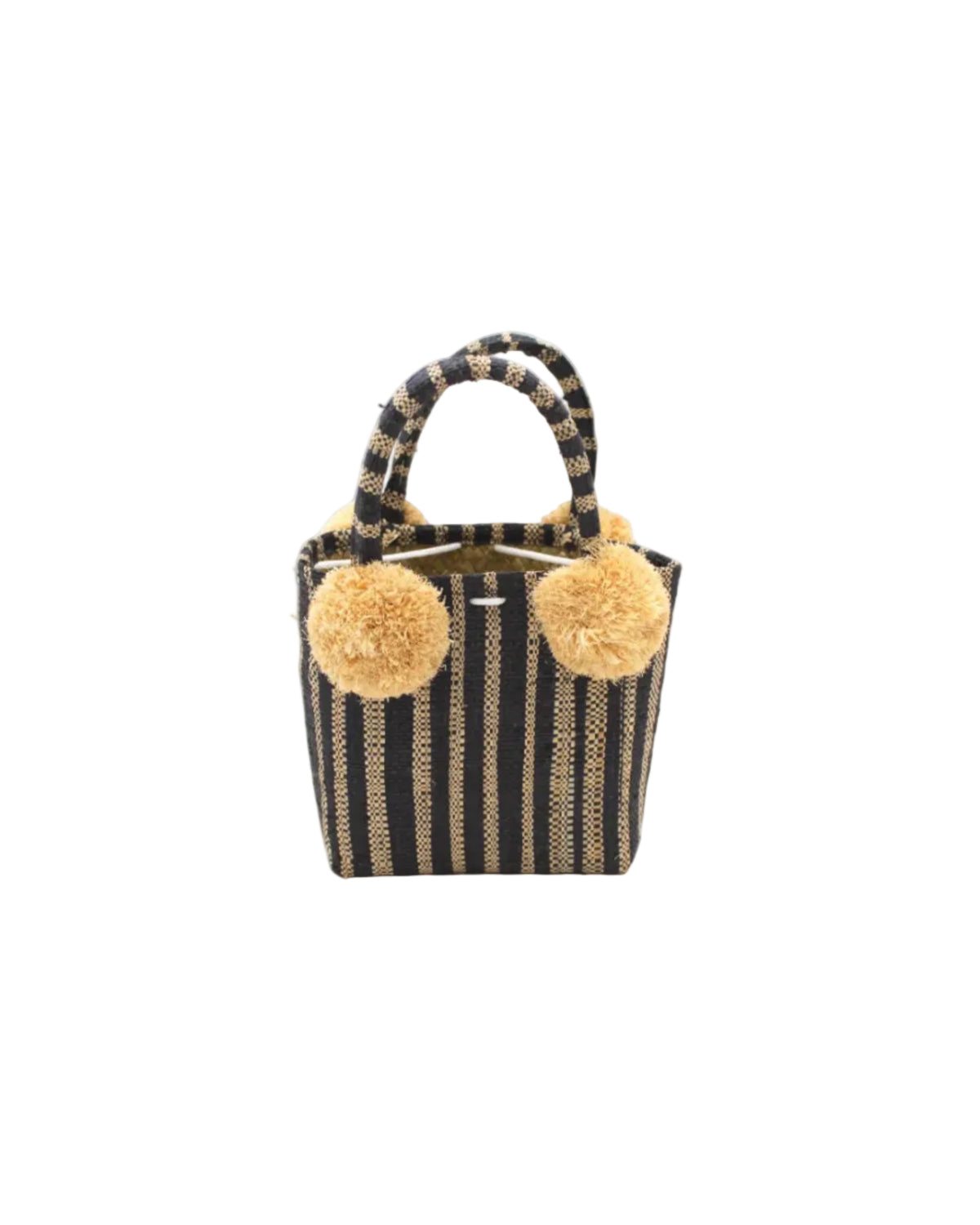 Schooner Black Stripe Straw Mini Bag with Pompom Accent handmade loomed natural raffia palm fiber in two tones of black and natural straw color vertical stripe pattern with four matching raffia pompom embellishments at the base of each handle attachment tiny purse extra small handbag - Shebobo