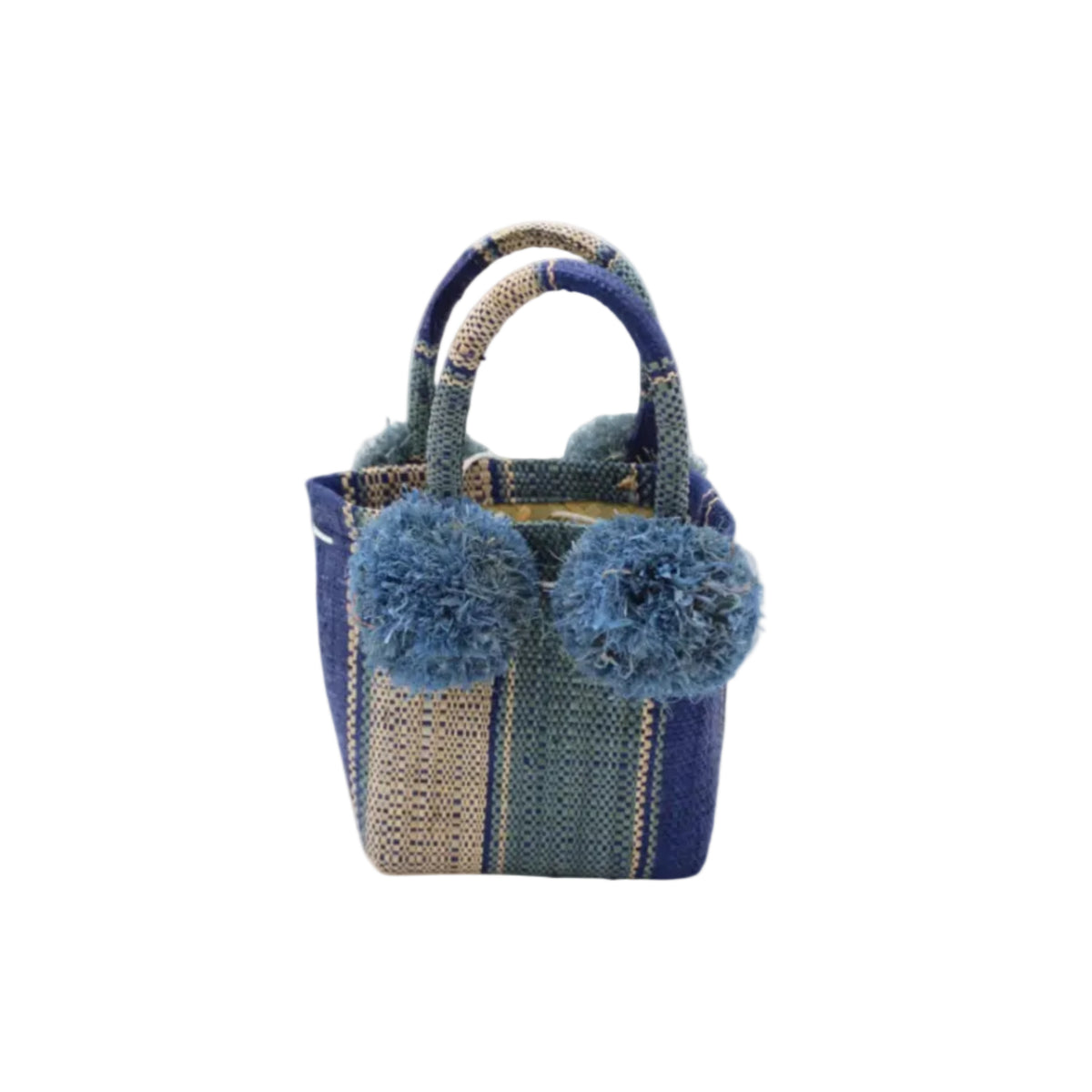 Schooner Blue Swirl Straw Mini Bag with Pompom Accent handmade loomed natural raffia palm fiber in multi width vertical multicolor stripe pattern of dusk/navy/dark/blue, turquoise blue/green, and natural straw color with four matching raffia pompom embellishments at the base of each handle attachment tiny purse extra small handbag - Shebobo
