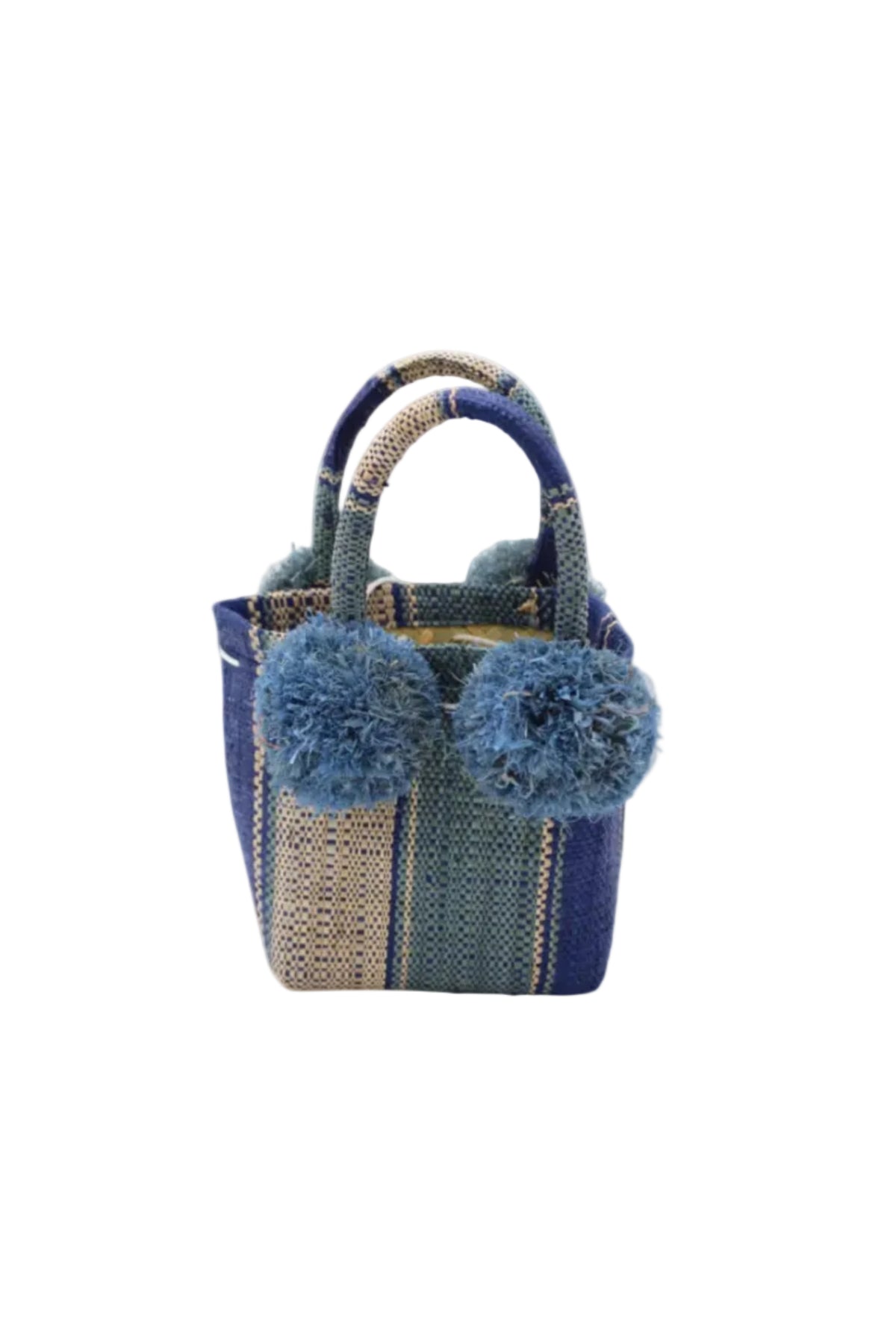 Schooner Blue Swirl Straw Mini Bag with Pompom Accent handmade loomed natural raffia palm fiber in multi width vertical multicolor stripe pattern of dusk/navy/dark/blue, turquoise blue/green, and natural straw color with four matching raffia pompom embellishments at the base of each handle attachment tiny purse extra small handbag - Shebobo