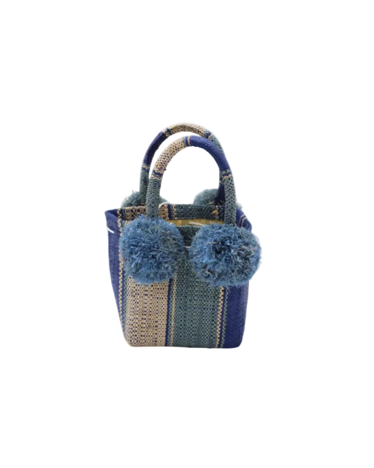 Schooner Blue Swirl Straw Mini Bag with Pompom Accent handmade loomed natural raffia palm fiber in multi width vertical multicolor stripe pattern of dusk/navy/dark/blue, turquoise blue/green, and natural straw color with four matching raffia pompom embellishments at the base of each handle attachment tiny purse extra small handbag - Shebobo