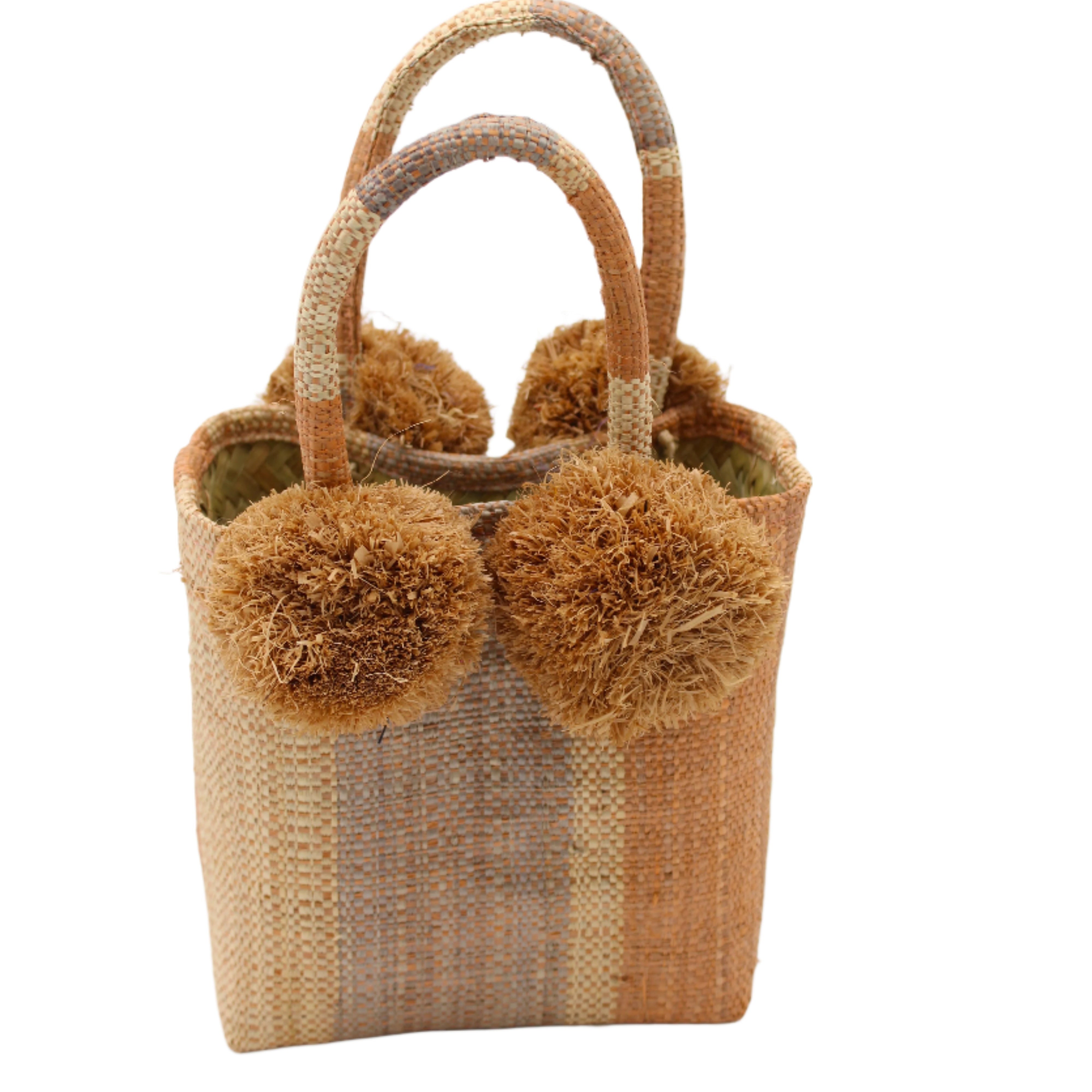 Schooner Blush Swirl Straw Mini Bag with Pompom Accent handmade loomed natural raffia palm fiber in multi width vertical multicolor stripe pattern of blush orange/pink, grey, and natural straw color with four matching raffia pompom embellishments at the base of each handle attachment tiny purse extra small handbag - Shebobo