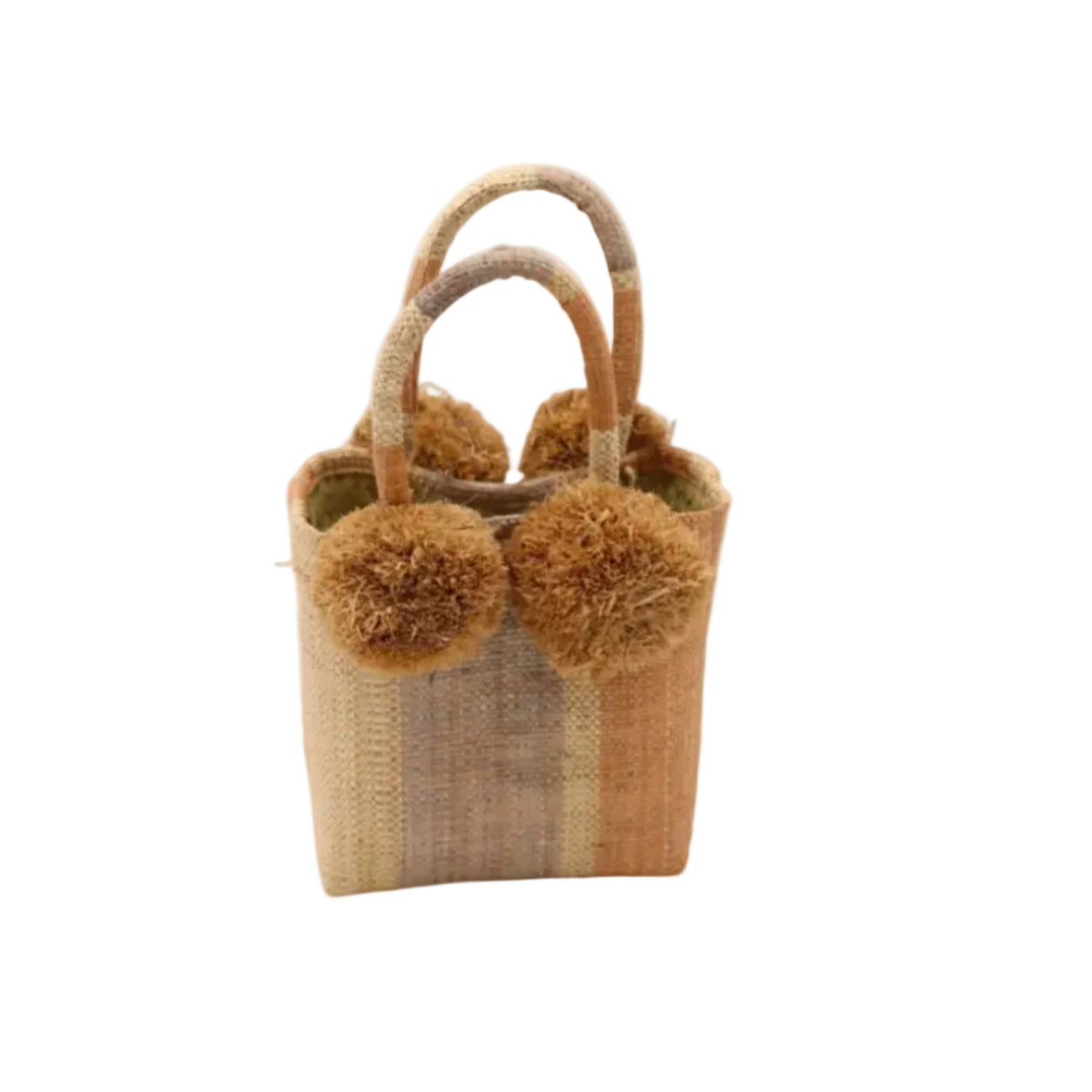 Schooner Blush Swirl Straw Mini Bag with Pompom Accent handmade loomed natural raffia palm fiber in multi width vertical multicolor stripe pattern of blush orange/pink, grey, and natural straw color with four matching raffia pompom embellishments at the base of each handle attachment tiny purse extra small handbag - Shebobo
