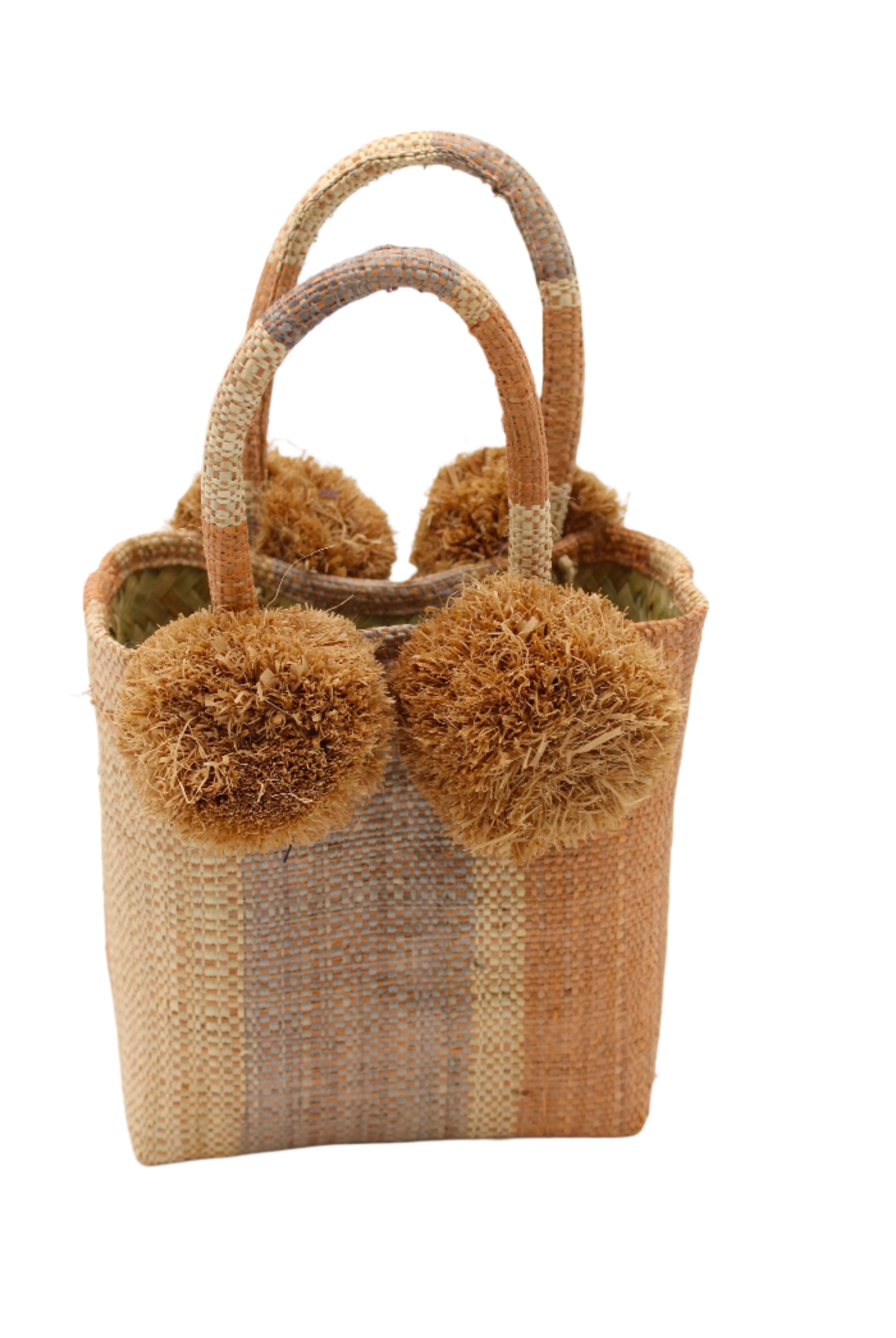 Schooner Blush Swirl Straw Mini Bag with Pompom Accent handmade loomed natural raffia palm fiber in multi width vertical multicolor stripe pattern of blush orange/pink, grey, and natural straw color with four matching raffia pompom embellishments at the base of each handle attachment tiny purse extra small handbag - Shebobo