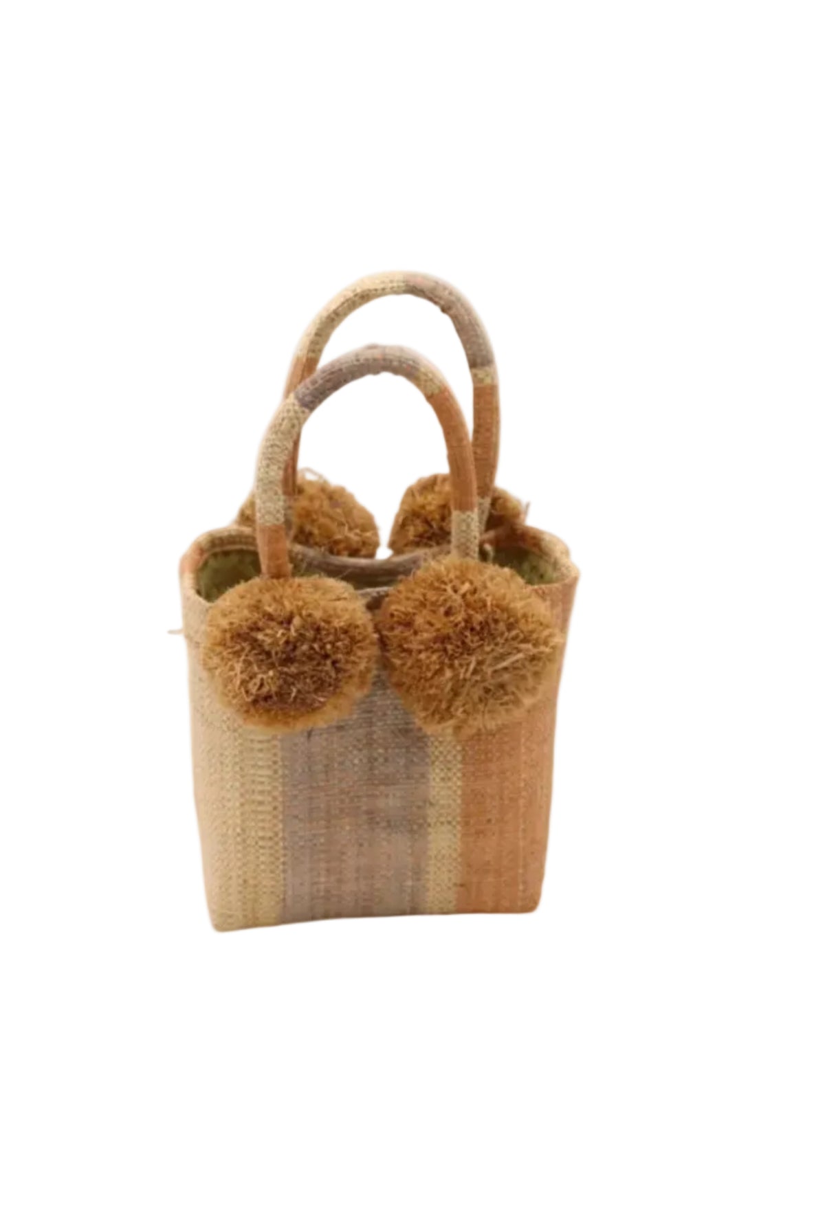 Schooner Blush Swirl Straw Mini Bag with Pompom Accent handmade loomed natural raffia palm fiber in multi width vertical multicolor stripe pattern of blush orange/pink, grey, and natural straw color with four matching raffia pompom embellishments at the base of each handle attachment tiny purse extra small handbag - Shebobo