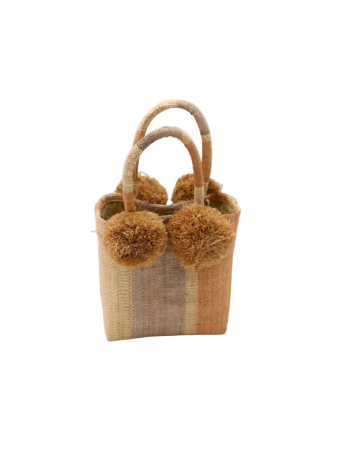 Schooner Blush Swirl Straw Mini Bag with Pompom Accent handmade loomed natural raffia palm fiber in multi width vertical multicolor stripe pattern of blush orange/pink, grey, and natural straw color with four matching raffia pompom embellishments at the base of each handle attachment tiny purse extra small handbag - Shebobo