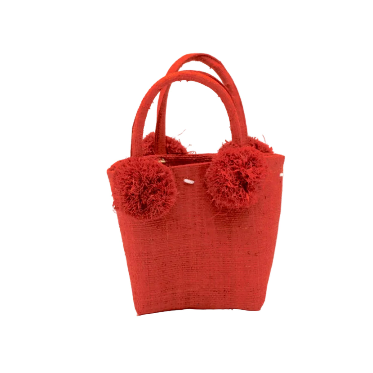 Schooner Straw Mini Bag with Pompom Accent handmade loomed natural raffia palm fiber in a solid hue of Coral orange/red with four matching raffia pompom embellishments at the base of each handle attachment tiny purse extra small handbag - Shebobo