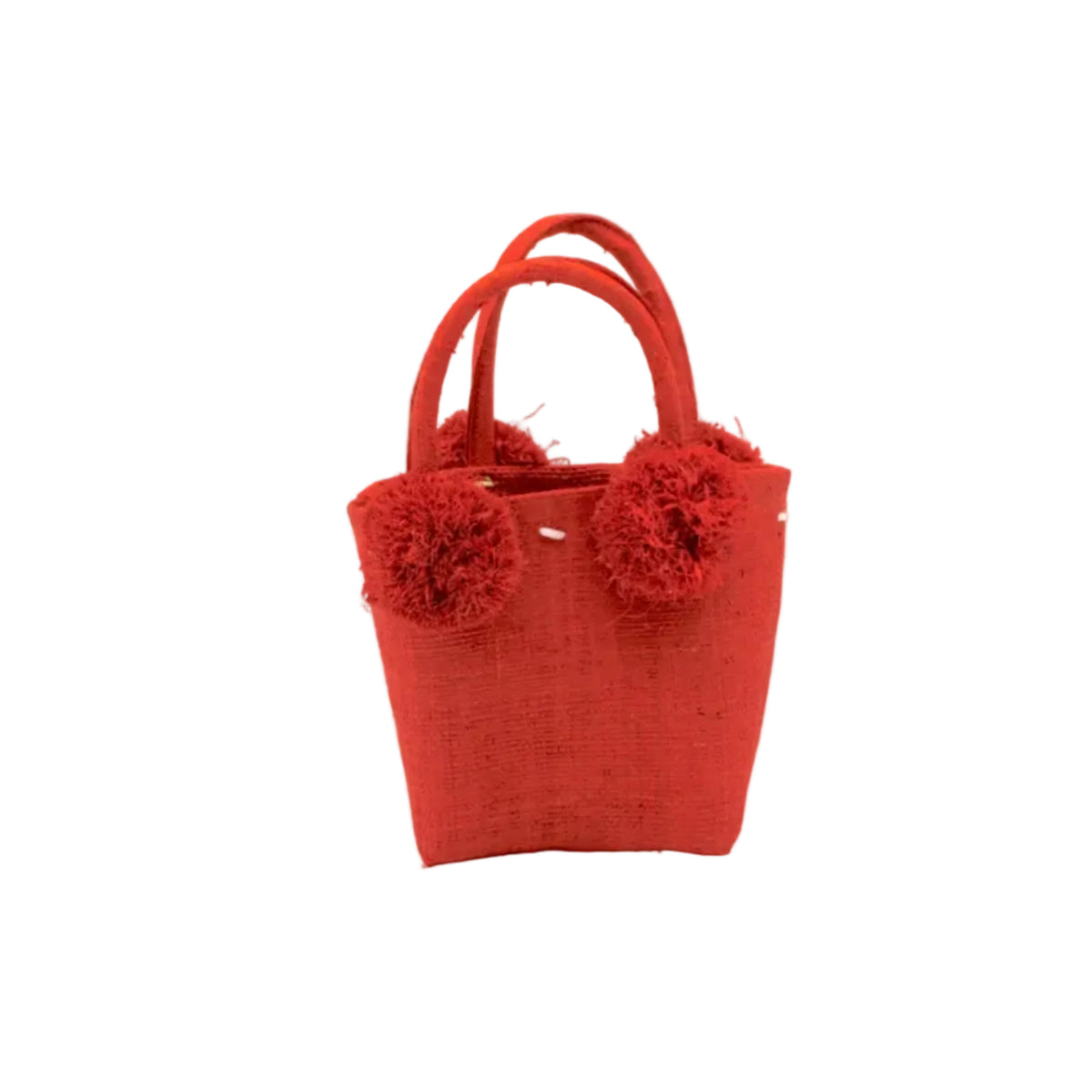 Schooner Straw Mini Bag with Pompom Accent handmade loomed natural raffia palm fiber in a solid hue of Coral orange/red with four matching raffia pompom embellishments at the base of each handle attachment tiny purse extra small handbag - Shebobo