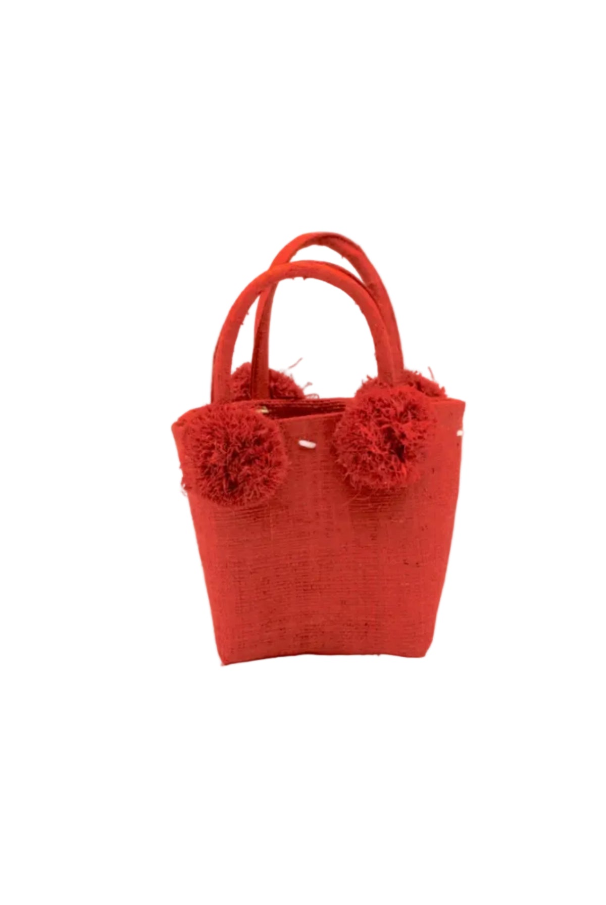 Schooner Straw Mini Bag with Pompom Accent handmade loomed natural raffia palm fiber in a solid hue of Coral orange/red with four matching raffia pompom embellishments at the base of each handle attachment tiny purse extra small handbag - Shebobo