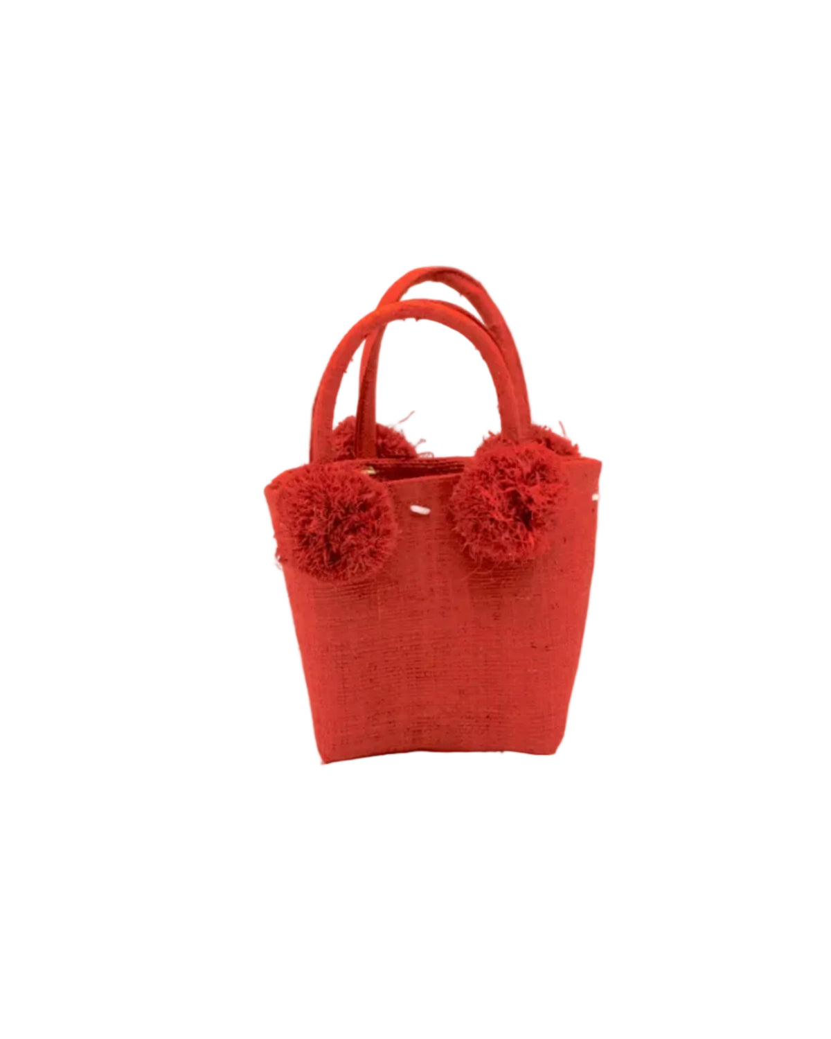 Schooner Straw Mini Bag with Pompom Accent handmade loomed natural raffia palm fiber in a solid hue of Coral orange/red with four matching raffia pompom embellishments at the base of each handle attachment tiny purse extra small handbag - Shebobo