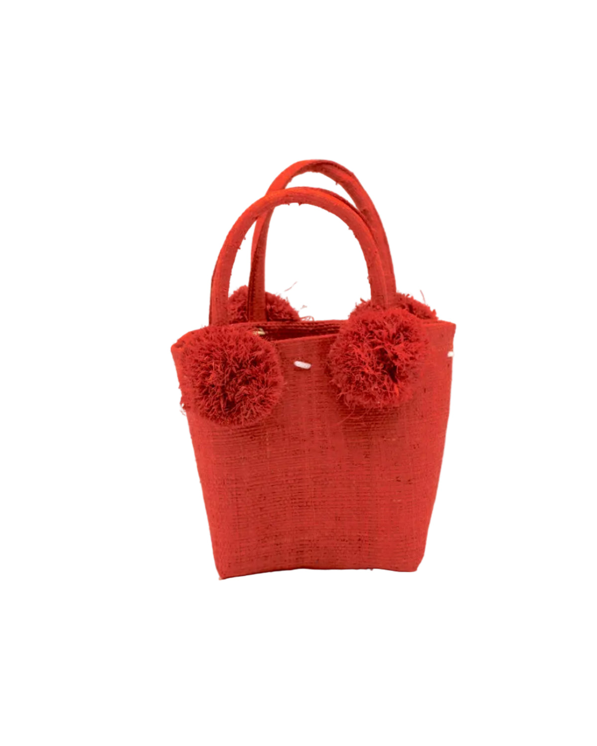 Schooner Straw Mini Bag with Pompom Accent handmade loomed natural raffia palm fiber in a solid hue of Coral orange/red with four matching raffia pompom embellishments at the base of each handle attachment tiny purse extra small handbag - Shebobo