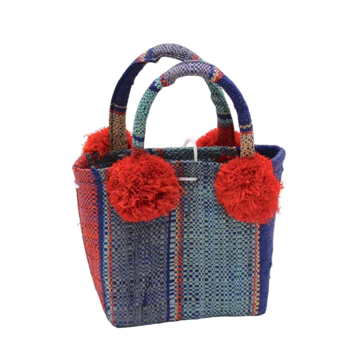 Schooner Coral & Turquoise Swirl Straw Mini Bag with Pompom Accent handmade loomed natural raffia palm fiber in multi width vertical multicolor stripe pattern of turquoise blue/green, denim light/retro/blue, navy dark/blue, coral orange/red and natural straw color with four matching raffia pompom embellishments at the base of each handle attachment tiny purse extra small handbag - Shebobo