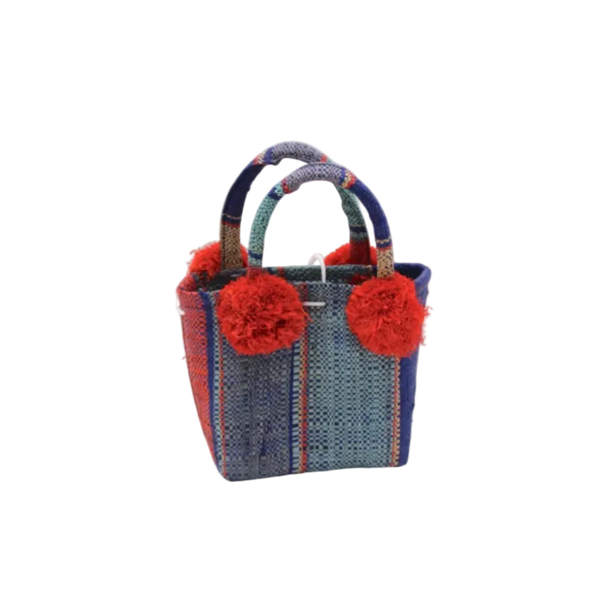 Schooner Coral & Turquoise Swirl Straw Mini Bag with Pompom Accent handmade loomed natural raffia palm fiber in multi width vertical multicolor stripe pattern of turquoise blue/green, denim light/retro/blue, navy dark/blue, coral orange/red and natural straw color with four matching raffia pompom embellishments at the base of each handle attachment tiny purse extra small handbag - Shebobo