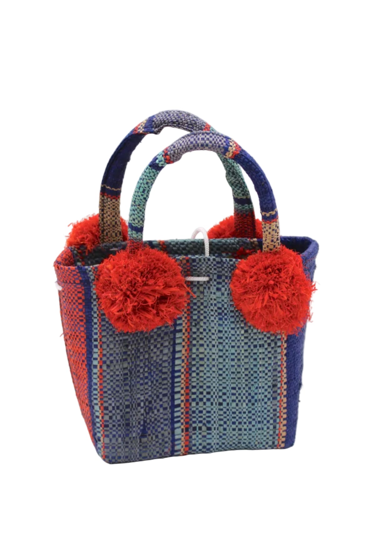 Schooner Coral & Turquoise Swirl Straw Mini Bag with Pompom Accent handmade loomed natural raffia palm fiber in multi width vertical multicolor stripe pattern of turquoise blue/green, denim light/retro/blue, navy dark/blue, coral orange/red and natural straw color with four matching raffia pompom embellishments at the base of each handle attachment tiny purse extra small handbag - Shebobo