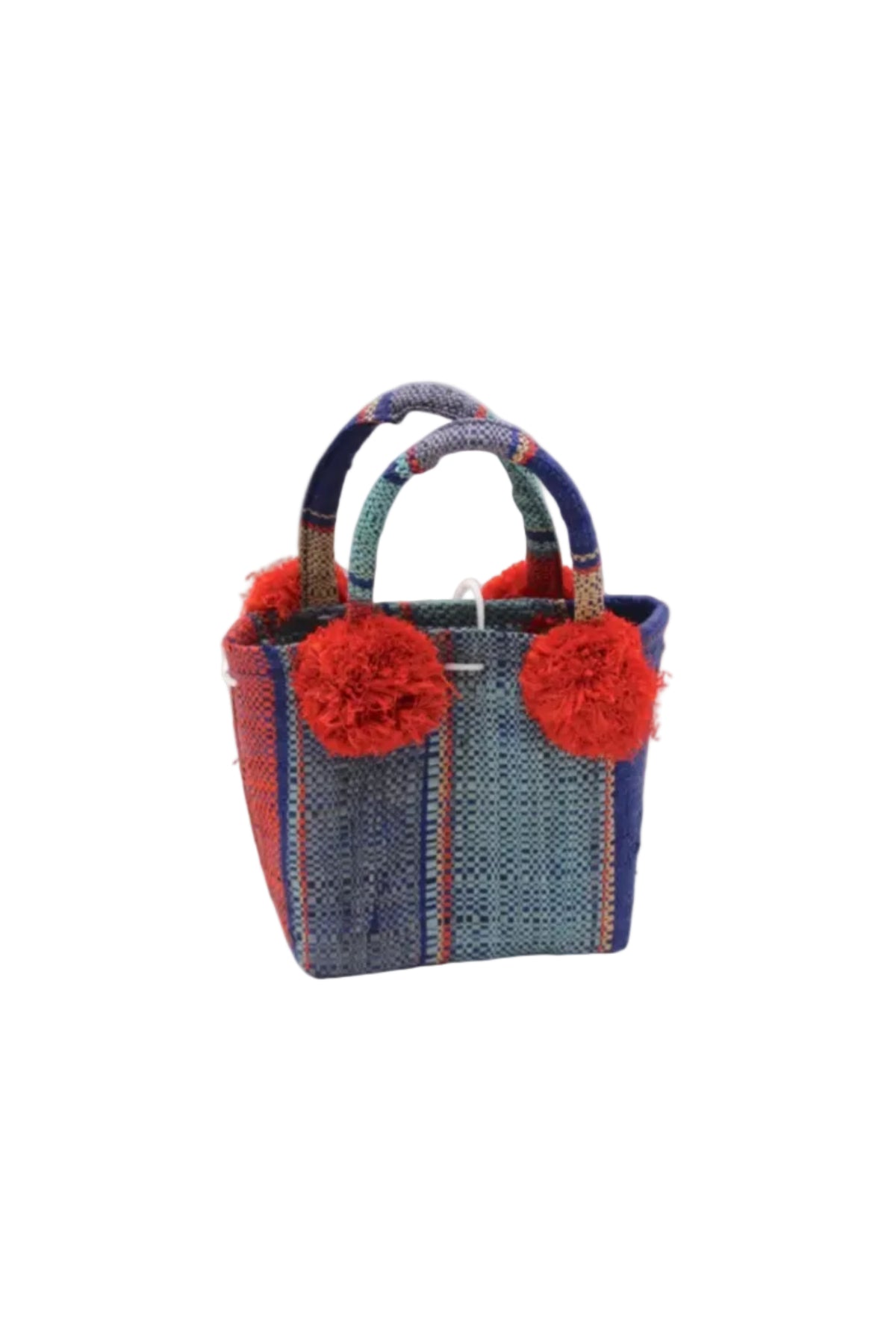 Schooner Coral & Turquoise Swirl Straw Mini Bag with Pompom Accent handmade loomed natural raffia palm fiber in multi width vertical multicolor stripe pattern of turquoise blue/green, denim light/retro/blue, navy dark/blue, coral orange/red and natural straw color with four matching raffia pompom embellishments at the base of each handle attachment tiny purse extra small handbag - Shebobo