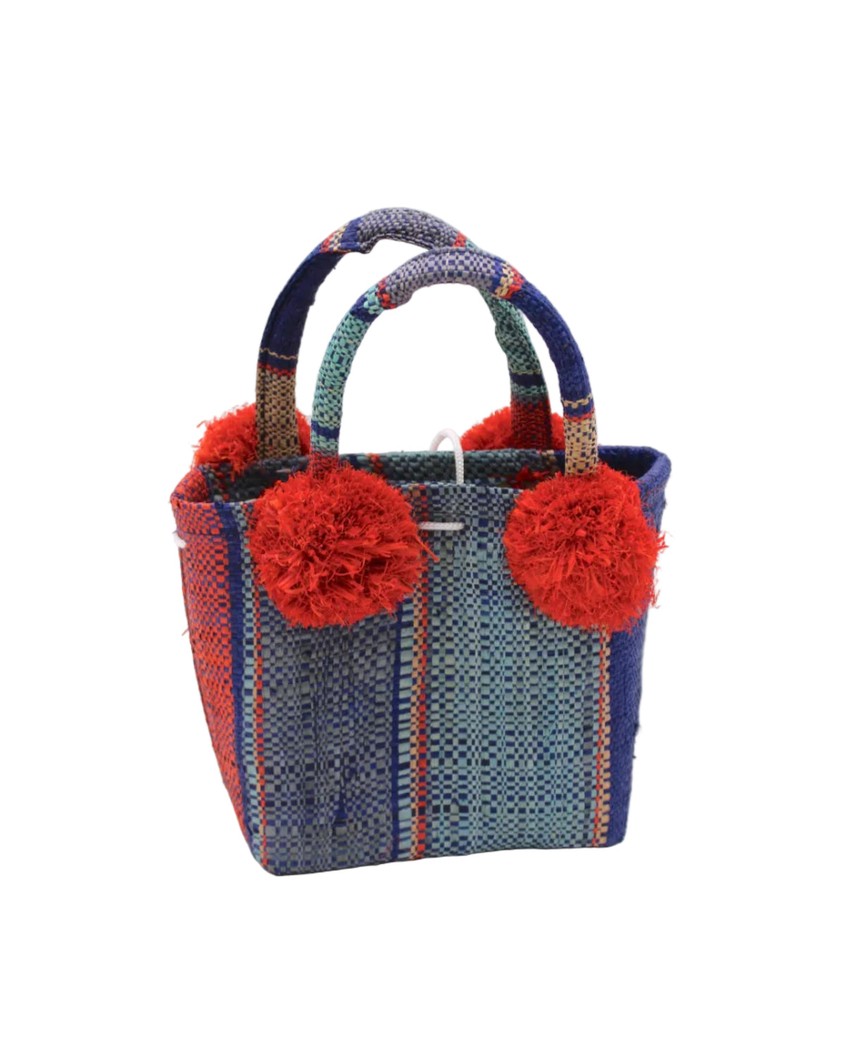 Schooner Coral & Turquoise Swirl Straw Mini Bag with Pompom Accent handmade loomed natural raffia palm fiber in multi width vertical multicolor stripe pattern of turquoise blue/green, denim light/retro/blue, navy dark/blue, coral orange/red and natural straw color with four matching raffia pompom embellishments at the base of each handle attachment tiny purse extra small handbag - Shebobo
