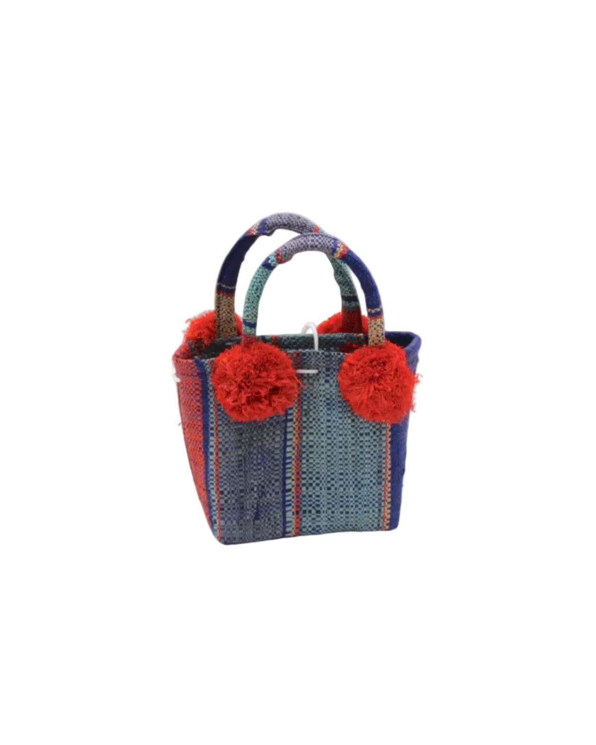 Schooner Coral & Turquoise Swirl Straw Mini Bag with Pompom Accent handmade loomed natural raffia palm fiber in multi width vertical multicolor stripe pattern of turquoise blue/green, denim light/retro/blue, navy dark/blue, coral orange/red and natural straw color with four matching raffia pompom embellishments at the base of each handle attachment tiny purse extra small handbag - Shebobo