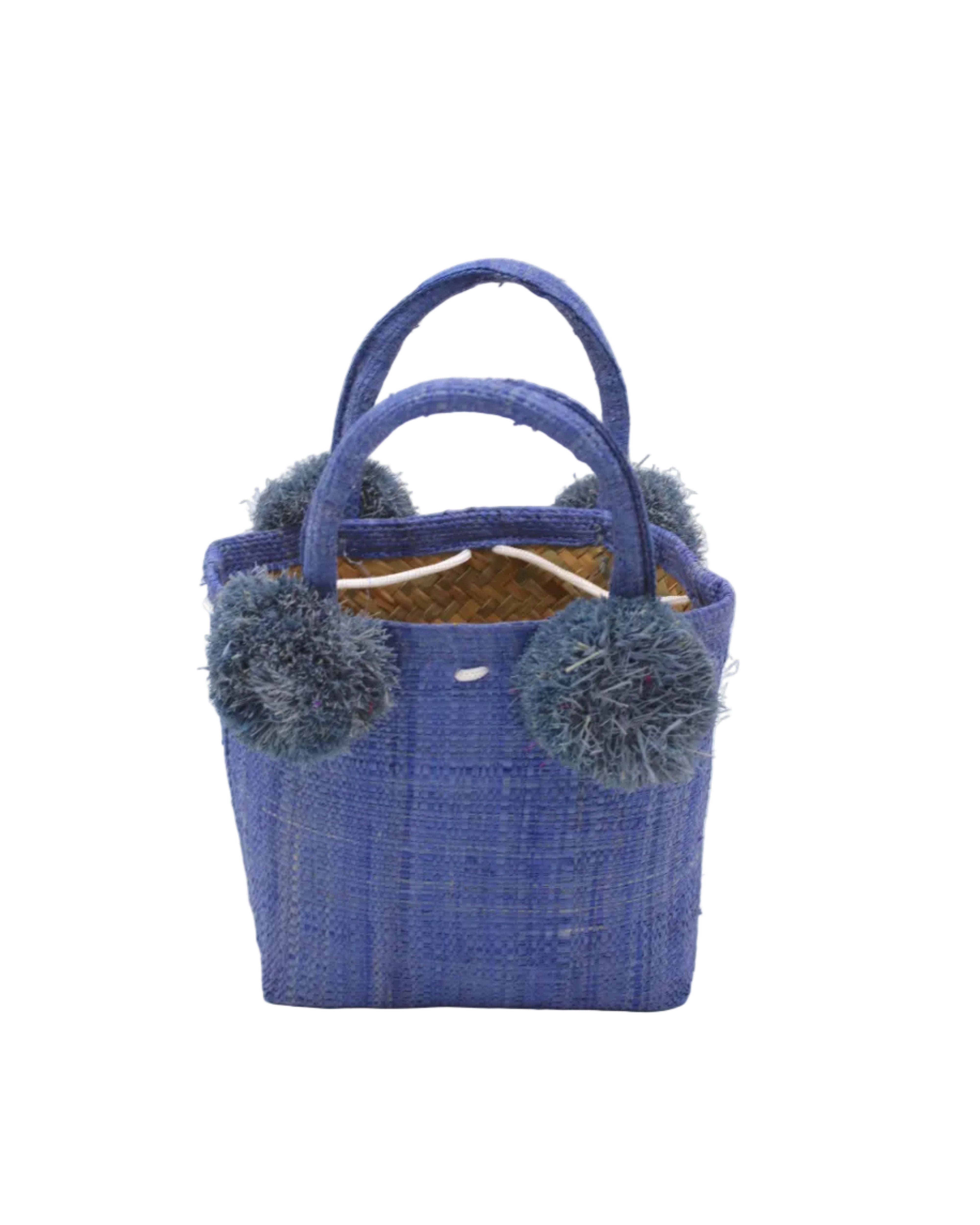 Schooner Straw Mini Bag with Pompom Accent handmade loomed natural raffia palm fiber in a solid hue of Denim light/retro/blue with four matching raffia pompom embellishments at the base of each handle attachment tiny purse extra small handbag - Shebobo