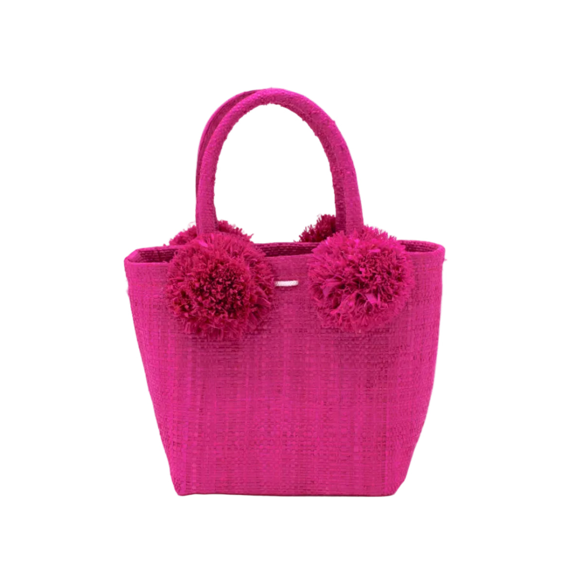 Schooner Straw Mini Bag with Pompom Accent handmade loomed natural raffia palm fiber in a solid hue of Fuchsia hot/bright/barbie/pink with four matching raffia pompom embellishments at the base of each handle attachment tiny purse extra small handbag - Shebobo