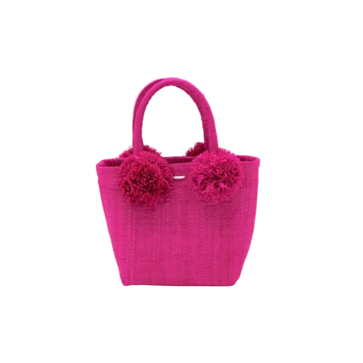 Schooner Straw Mini Bag with Pompom Accent handmade loomed natural raffia palm fiber in a solid hue of Fuchsia hot/bright/barbie/pink with four matching raffia pompom embellishments at the base of each handle attachment tiny purse extra small handbag - Shebobo