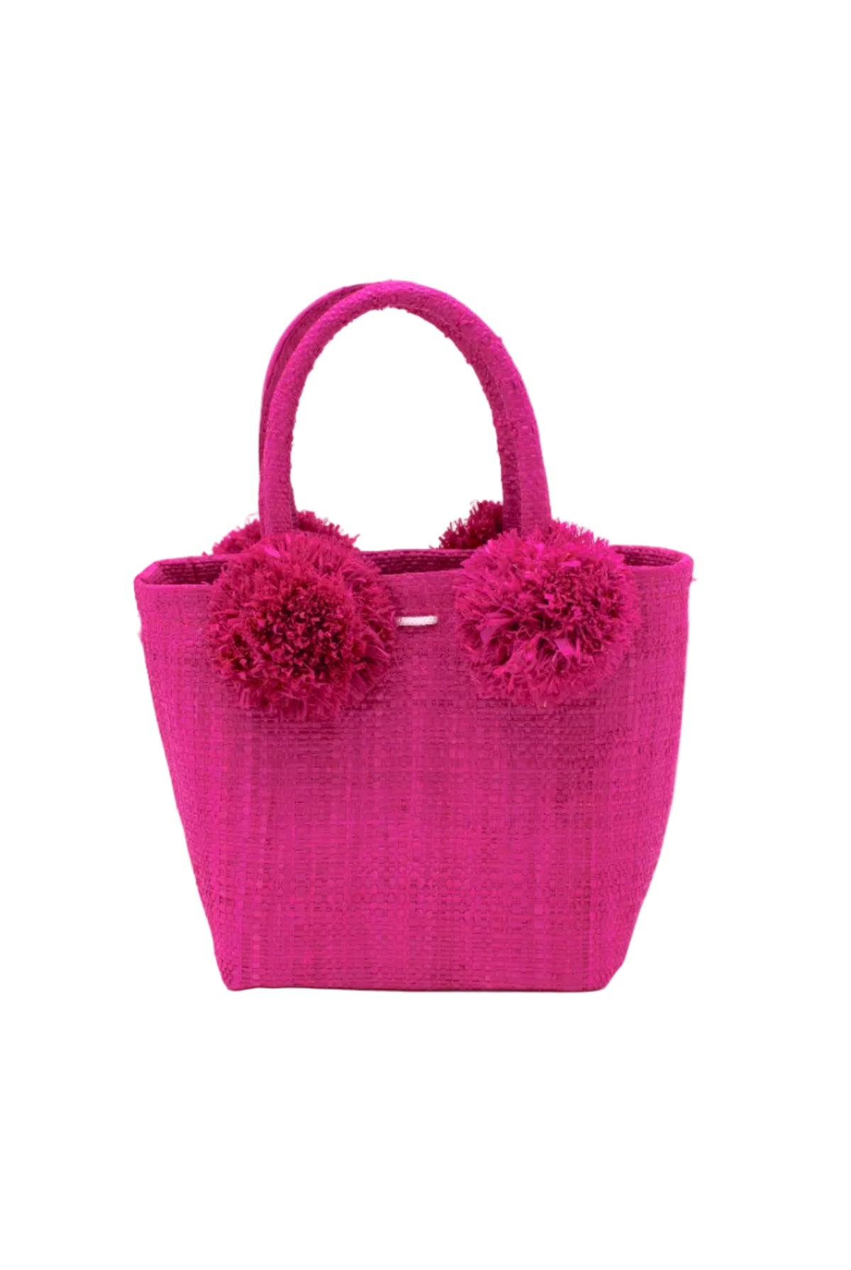 Schooner Straw Mini Bag with Pompom Accent handmade loomed natural raffia palm fiber in a solid hue of Fuchsia hot/bright/barbie/pink with four matching raffia pompom embellishments at the base of each handle attachment tiny purse extra small handbag - Shebobo