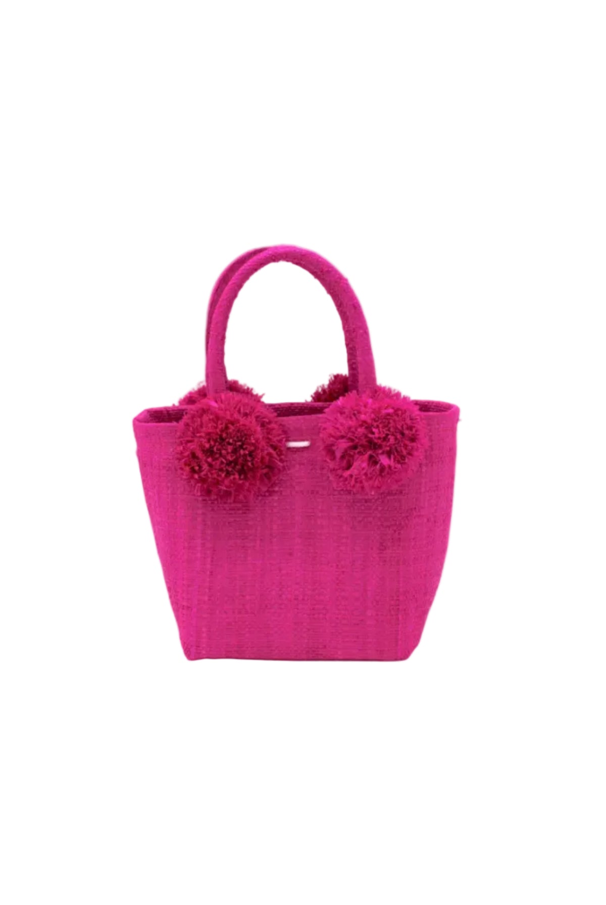 Schooner Straw Mini Bag with Pompom Accent handmade loomed natural raffia palm fiber in a solid hue of Fuchsia hot/bright/barbie/pink with four matching raffia pompom embellishments at the base of each handle attachment tiny purse extra small handbag - Shebobo