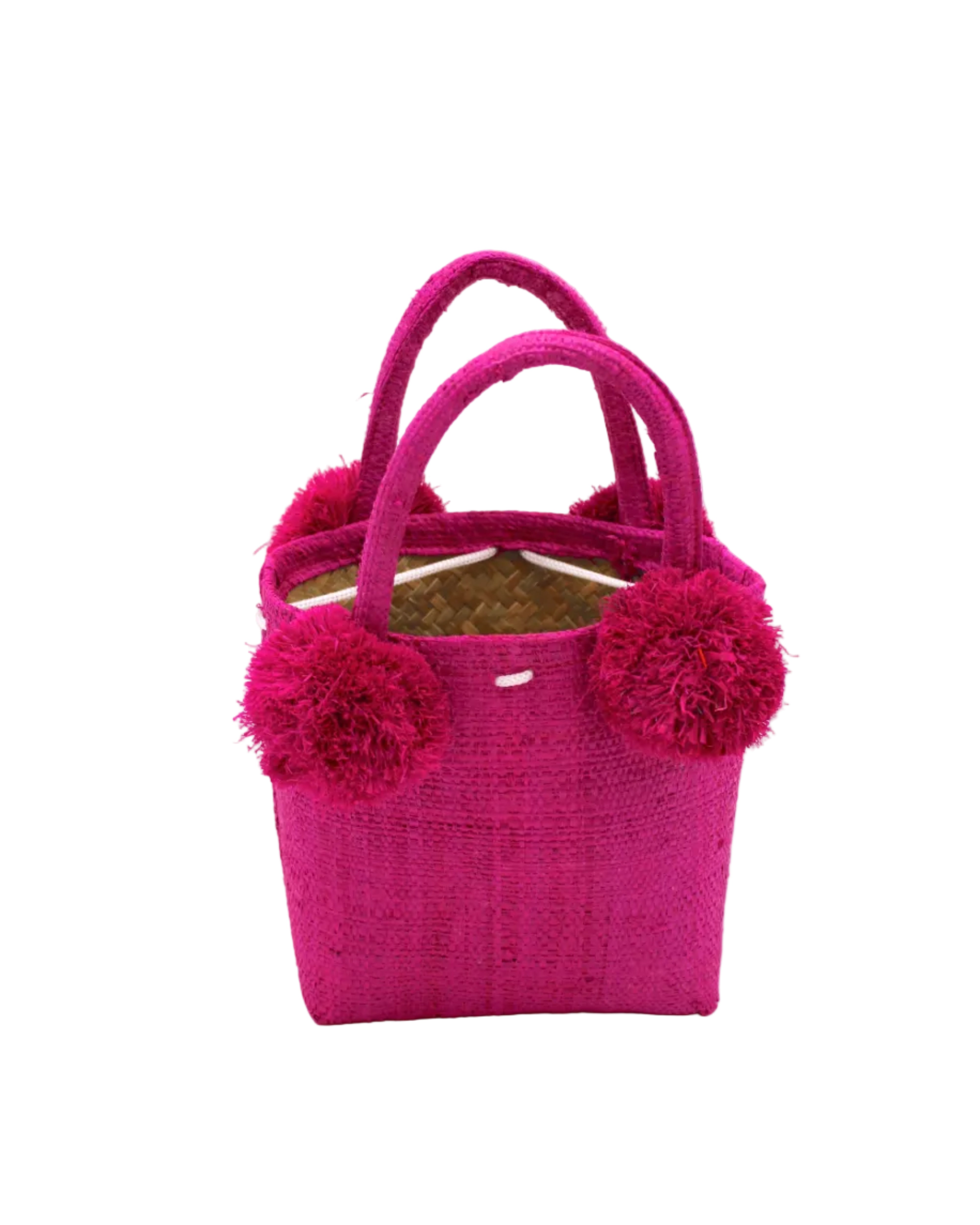 Schooner Straw Mini Bag with Pompom Accent handmade loomed natural raffia palm fiber in a solid hue of Fuchsia hot/bright/barbie/pink with four matching raffia pompom embellishments at the base of each handle attachment tiny purse extra small handbag - Shebobo