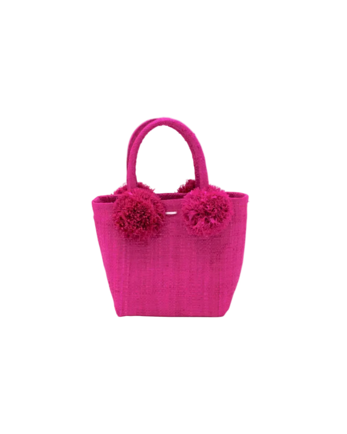 Schooner Straw Mini Bag with Pompom Accent handmade loomed natural raffia palm fiber in a solid hue of Fuchsia hot/bright/barbie/pink with four matching raffia pompom embellishments at the base of each handle attachment tiny purse extra small handbag - Shebobo