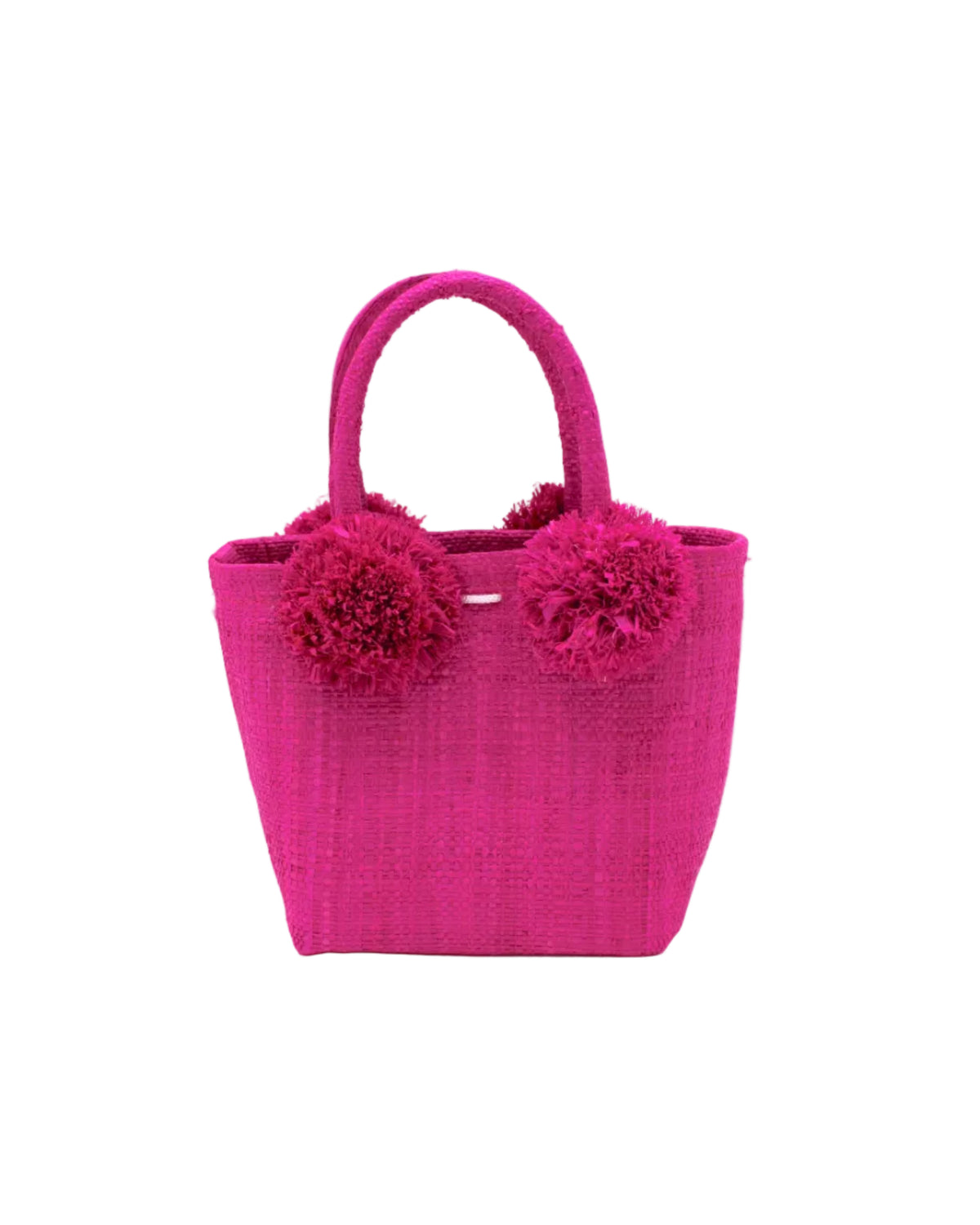 Schooner Straw Mini Bag with Pompom Accent handmade loomed natural raffia palm fiber in a solid hue of Fuchsia hot/bright/barbie/pink with four matching raffia pompom embellishments at the base of each handle attachment tiny purse extra small handbag - Shebobo