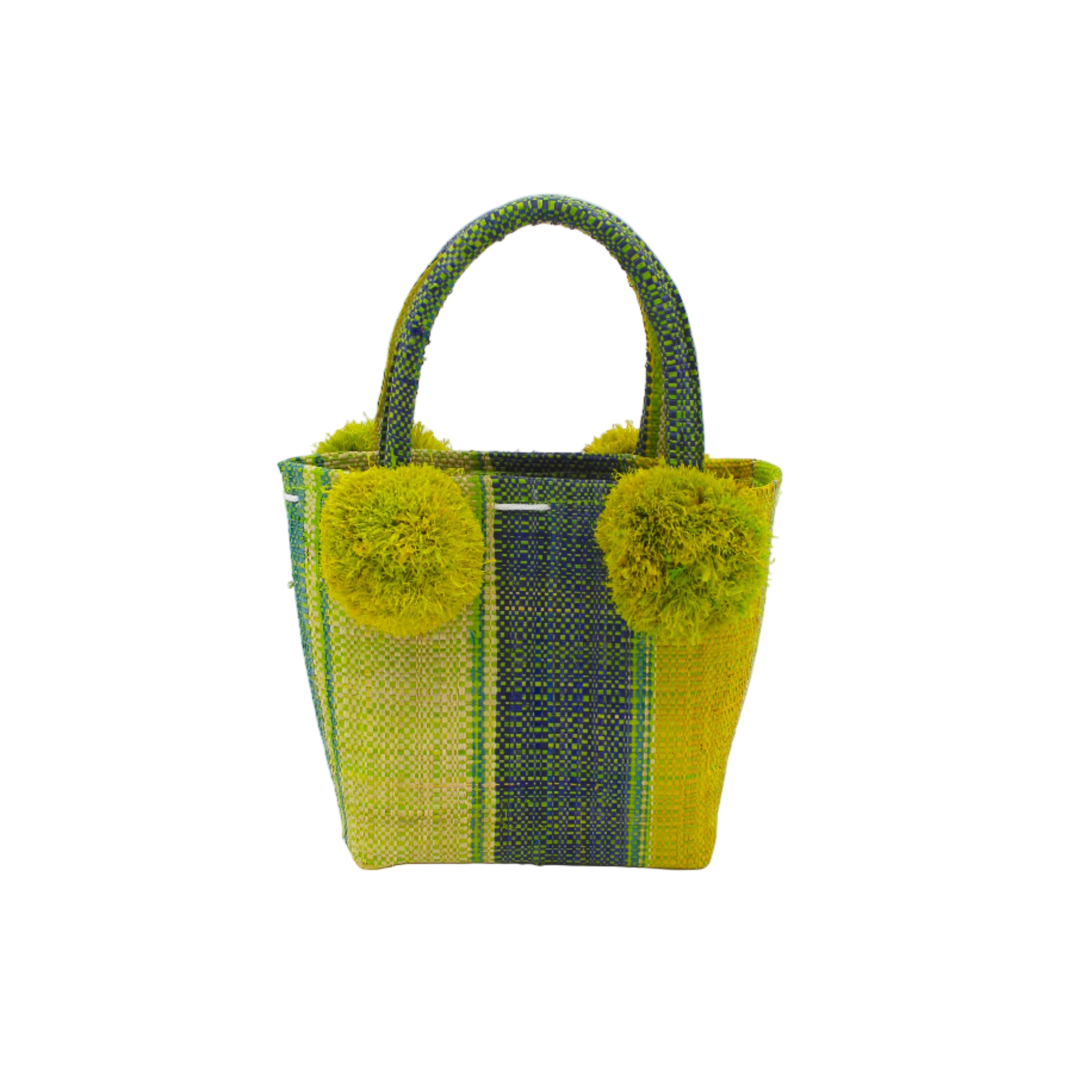 Schooner Izarra Swirl Straw Mini Bag with Pompom Accent handmade loomed natural raffia palm fiber in multi width vertical multicolor stripe pattern of midori lime/green, dusk navy/blue, yellow, and teal with four matching raffia pompom embellishments at the base of each handle attachment tiny purse extra small handbag - Shebobo