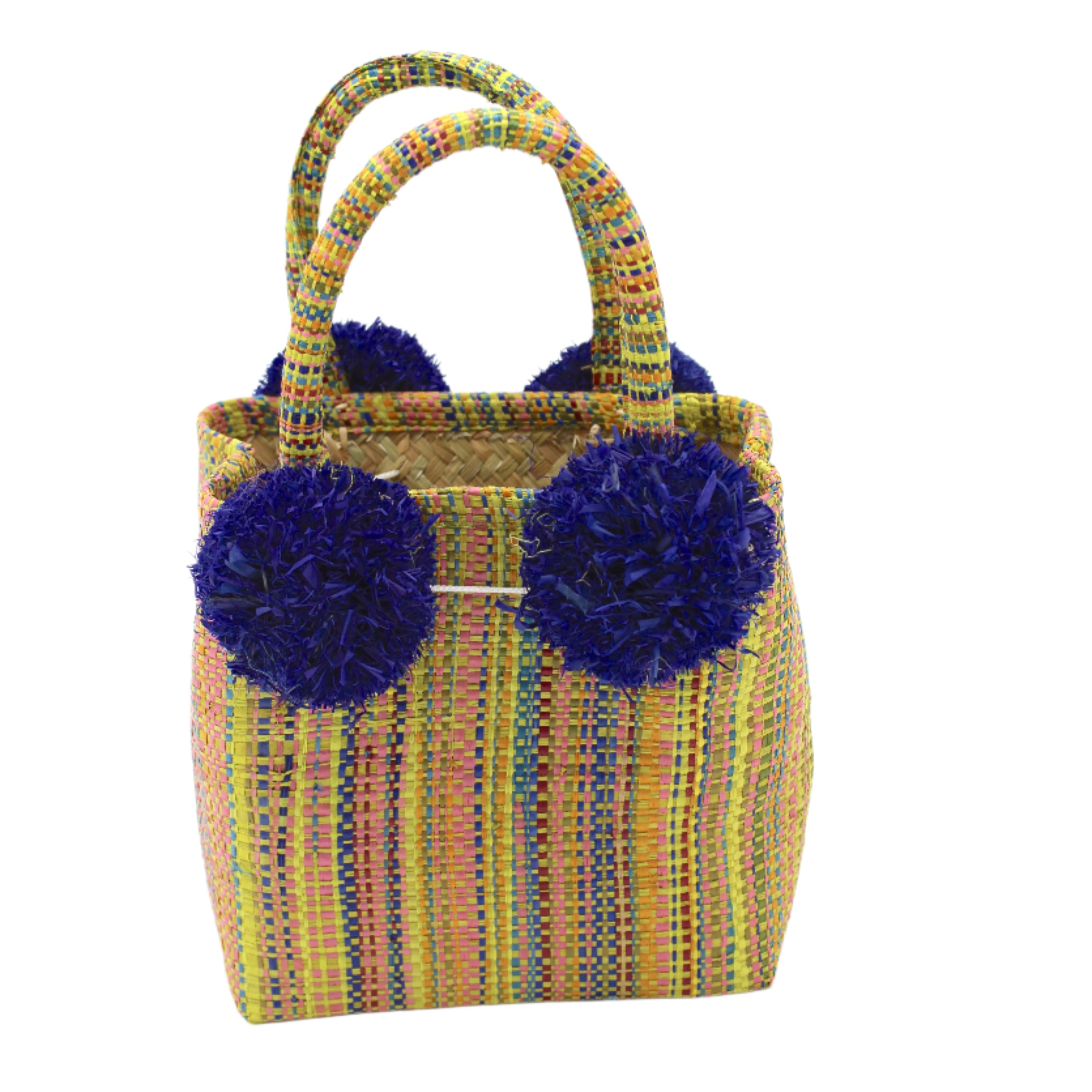 Schooner Limoncello Yellow Melange Straw Mini Bag with Pompom Accent handmade loomed natural raffia palm fiber in multicolor vertical melange heathered pattern of yellow, olive green, turquoise blue/green, dusk navy/dark/blue, claret bordeaux/dark/wine/red, light pink, saffron yellow/orange, etc. with four matching raffia pompom embellishments at the base of each handle attachment tiny purse extra small handbag - Shebobo