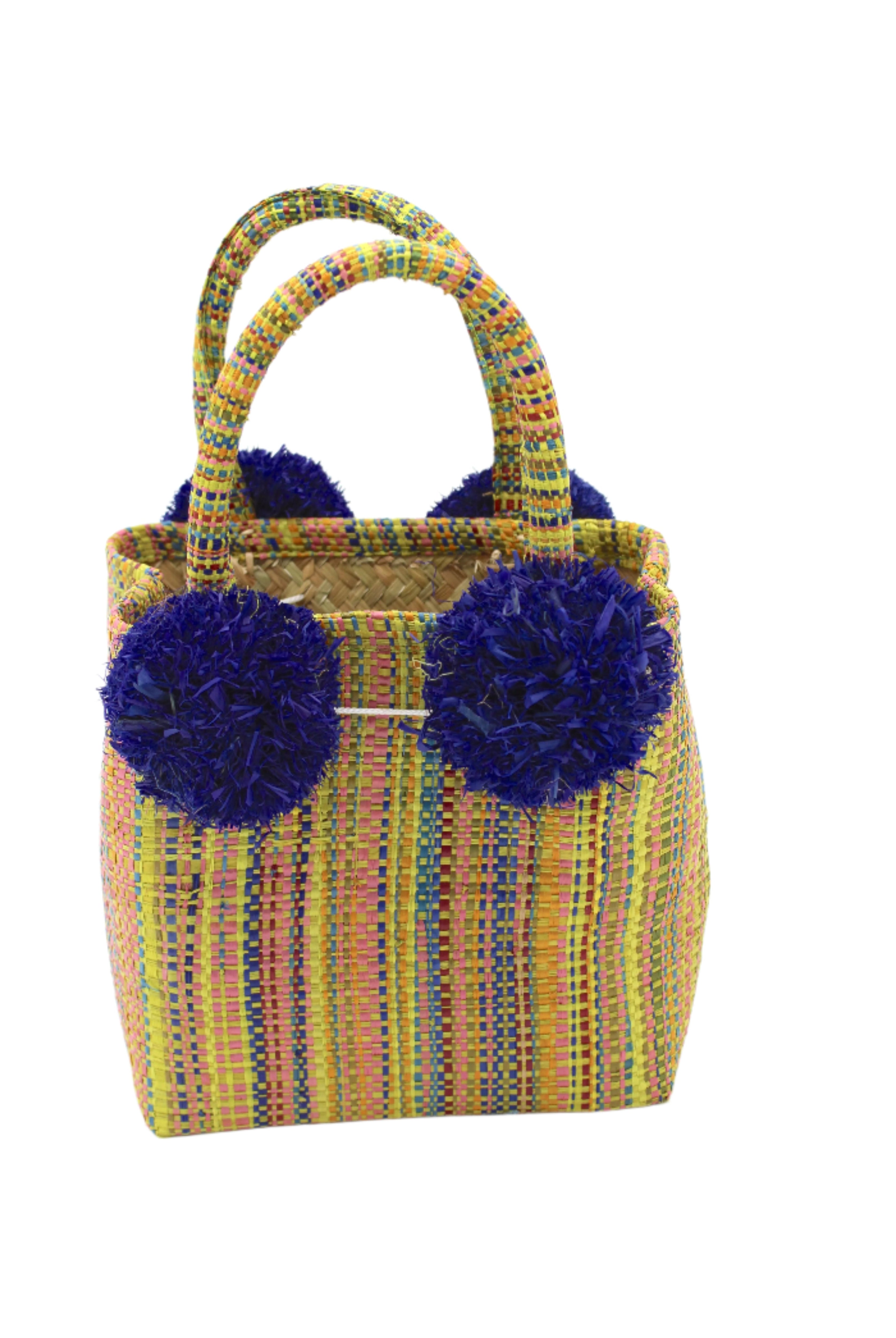 Schooner Limoncello Yellow Melange Straw Mini Bag with Pompom Accent handmade loomed natural raffia palm fiber in multicolor vertical melange heathered pattern of yellow, olive green, turquoise blue/green, dusk navy/dark/blue, claret bordeaux/dark/wine/red, light pink, saffron yellow/orange, etc. with four matching raffia pompom embellishments at the base of each handle attachment tiny purse extra small handbag - Shebobo