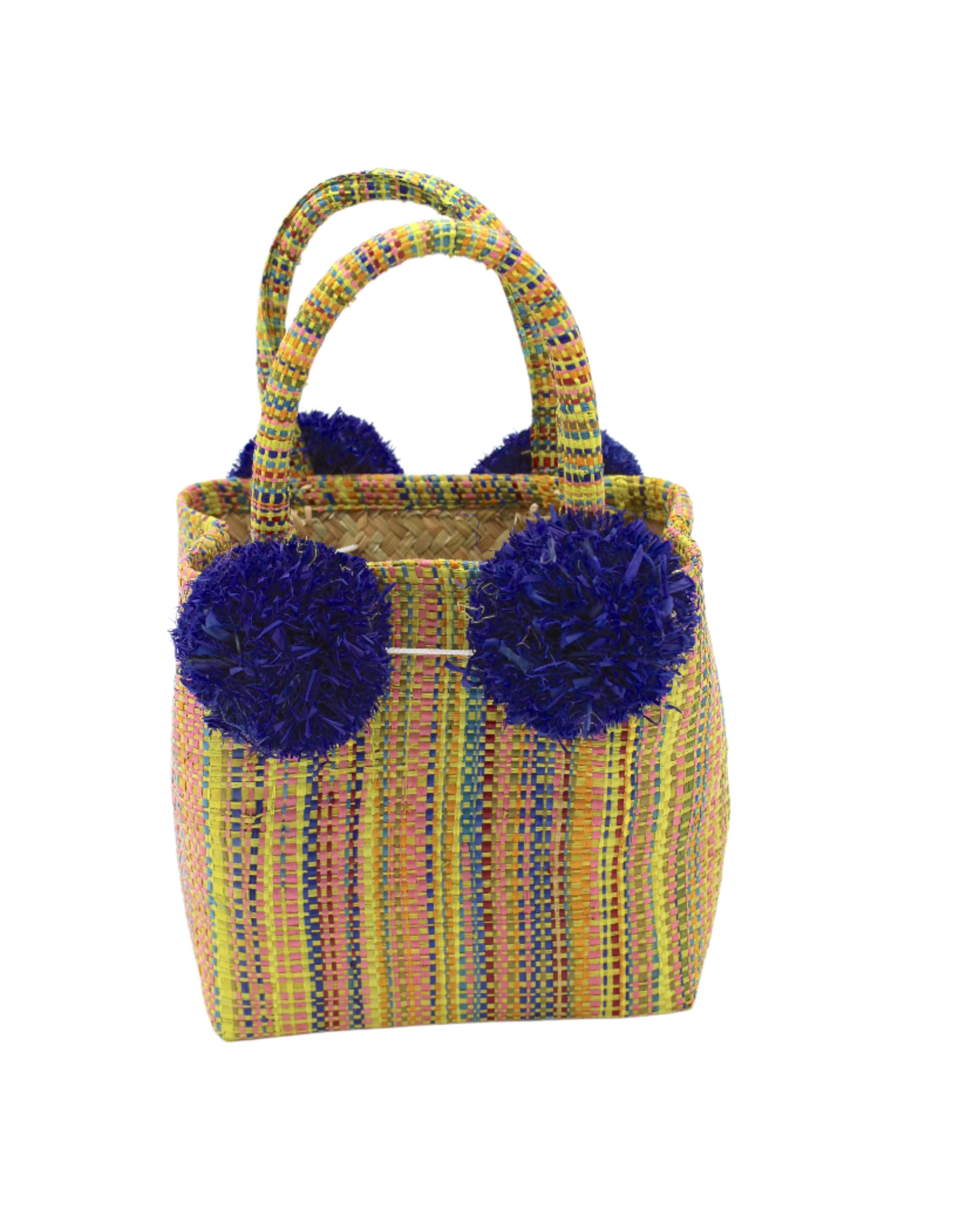 Schooner Limoncello Yellow Melange Straw Mini Bag with Pompom Accent handmade loomed natural raffia palm fiber in multicolor vertical melange heathered pattern of yellow, olive green, turquoise blue/green, dusk navy/dark/blue, claret bordeaux/dark/wine/red, light pink, saffron yellow/orange, etc. with four matching raffia pompom embellishments at the base of each handle attachment tiny purse extra small handbag - Shebobo