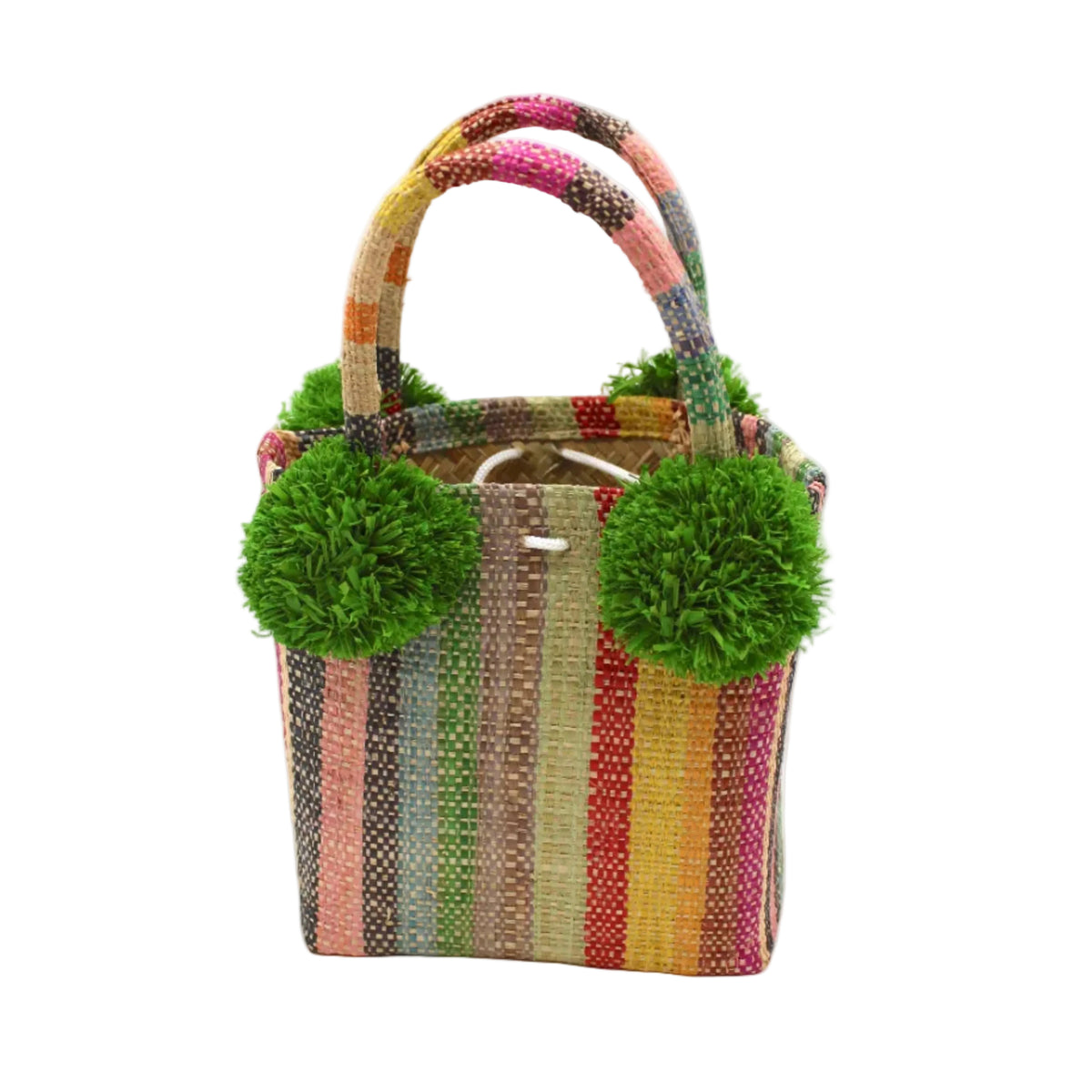 Schooner Lollipop Stripe Straw Mini Bag with Pompom Accent handmade loomed natural raffia palm fiber in multi width vertical multicolor stripe pattern of red, yellow, orange, grey, brown, green, blue, pink, black, and natural straw color with four matching raffia pompom embellishments at the base of each handle attachment tiny purse extra small handbag - Shebobo