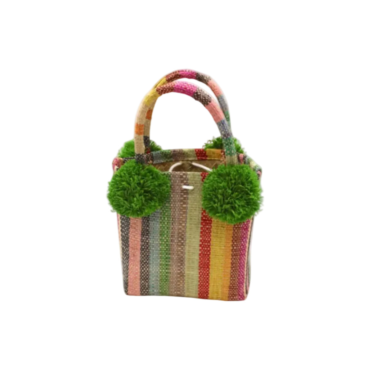 Schooner Lollipop Stripe Straw Mini Bag with Pompom Accent handmade loomed natural raffia palm fiber in multi width vertical multicolor stripe pattern of red, yellow, orange, grey, brown, green, blue, pink, black, and natural straw color with four matching raffia pompom embellishments at the base of each handle attachment tiny purse extra small handbag - Shebobo