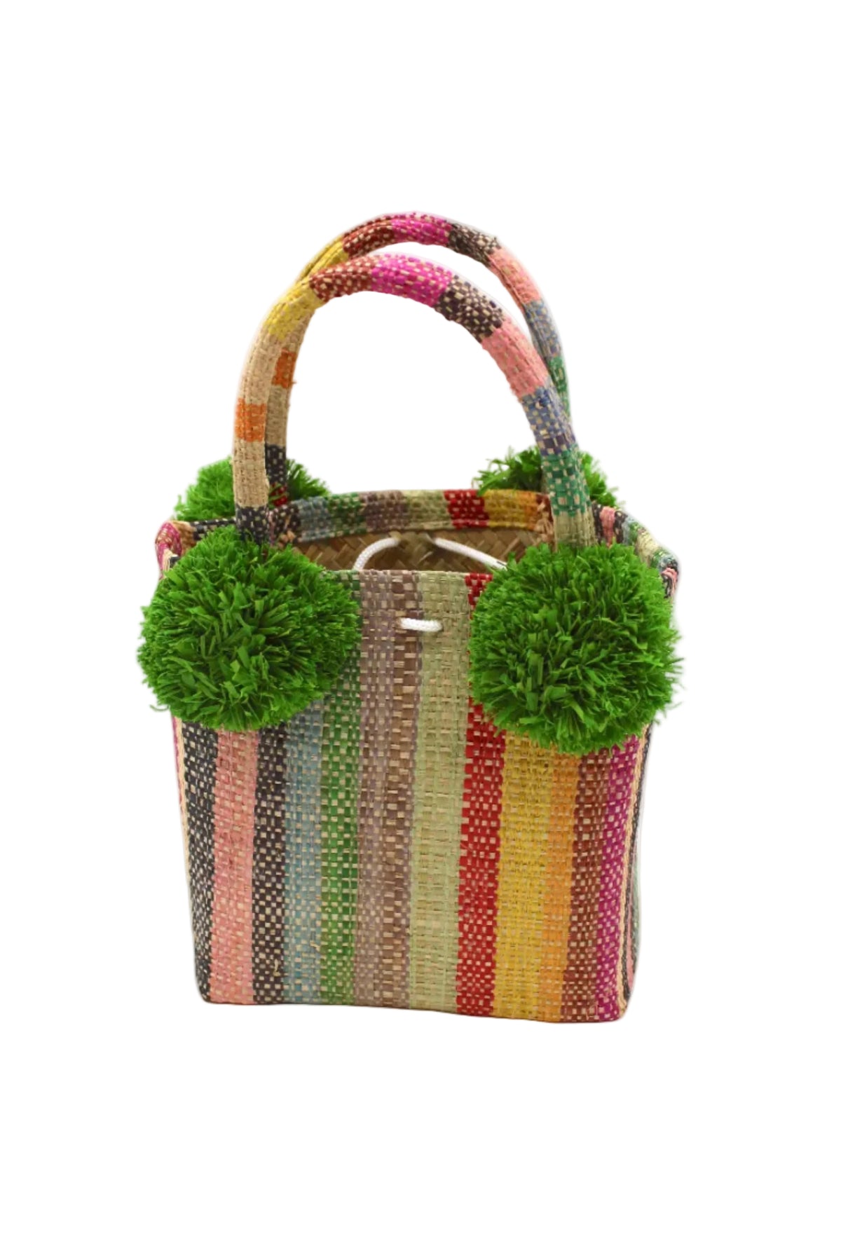 Schooner Lollipop Stripe Straw Mini Bag with Pompom Accent handmade loomed natural raffia palm fiber in multi width vertical multicolor stripe pattern of red, yellow, orange, grey, brown, green, blue, pink, black, and natural straw color with four matching raffia pompom embellishments at the base of each handle attachment tiny purse extra small handbag - Shebobo
