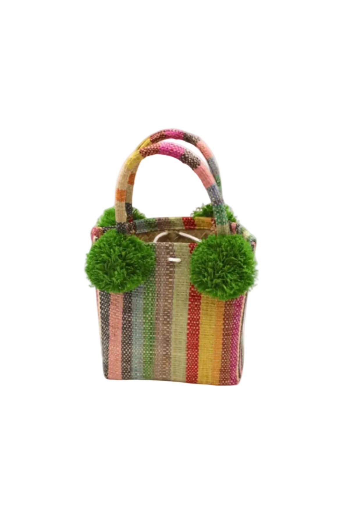 Schooner Lollipop Stripe Straw Mini Bag with Pompom Accent handmade loomed natural raffia palm fiber in multi width vertical multicolor stripe pattern of red, yellow, orange, grey, brown, green, blue, pink, black, and natural straw color with four matching raffia pompom embellishments at the base of each handle attachment tiny purse extra small handbag - Shebobo