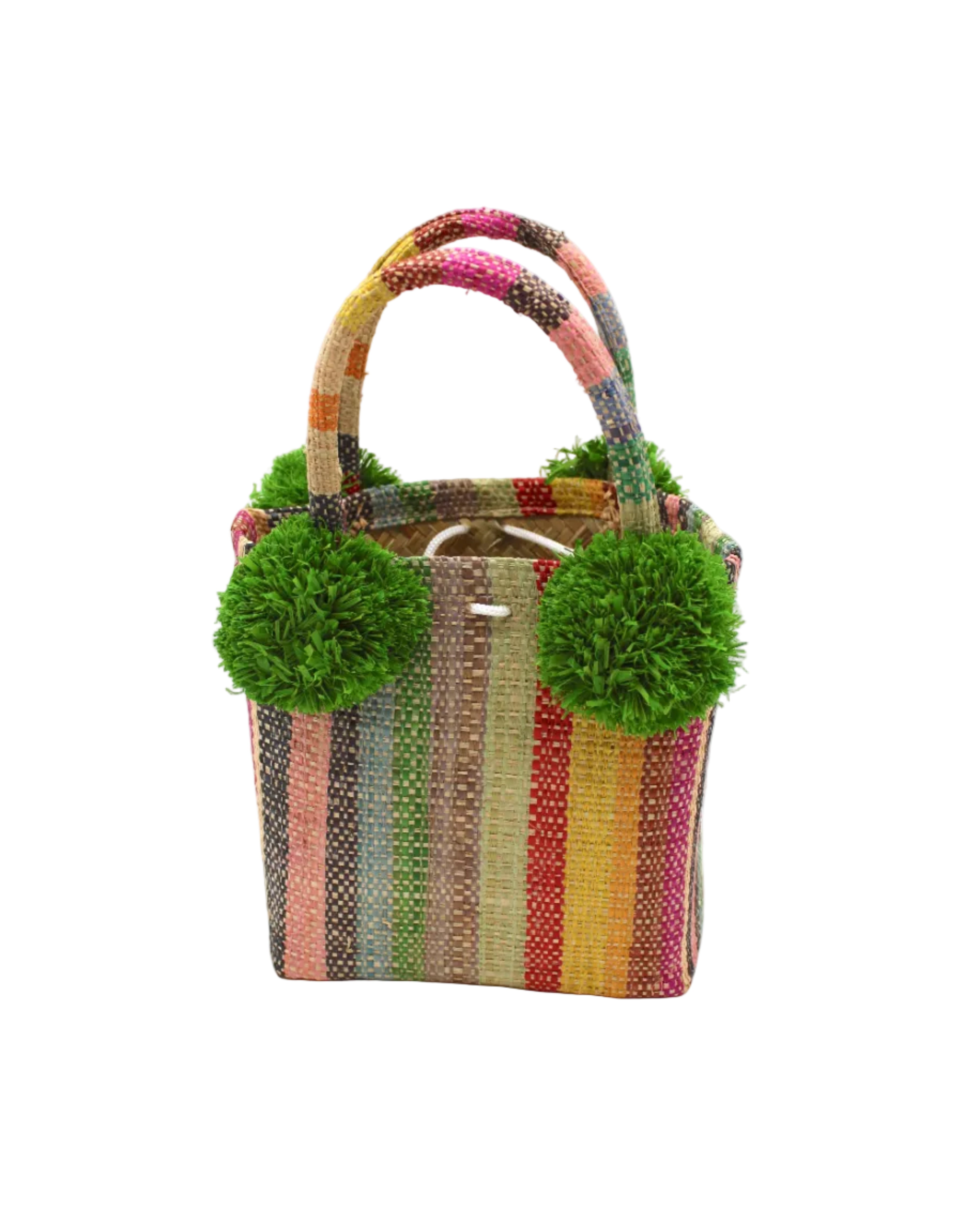 Schooner Lollipop Swirl Straw Mini Bag with Pompom Accent handmade loomed natural raffia palm fiber in multi width vertical multicolor stripe pattern of red, black, fuchsia hot/bright/barbie/pink, soft baby pink, grey, seafoam blue/green, light blue, yellow, natural straw color, orange, saffron yellow, caramel brown, etc. with four matching raffia pompom embellishments at the base of each handle attachment tiny purse extra small handbag - Shebobo